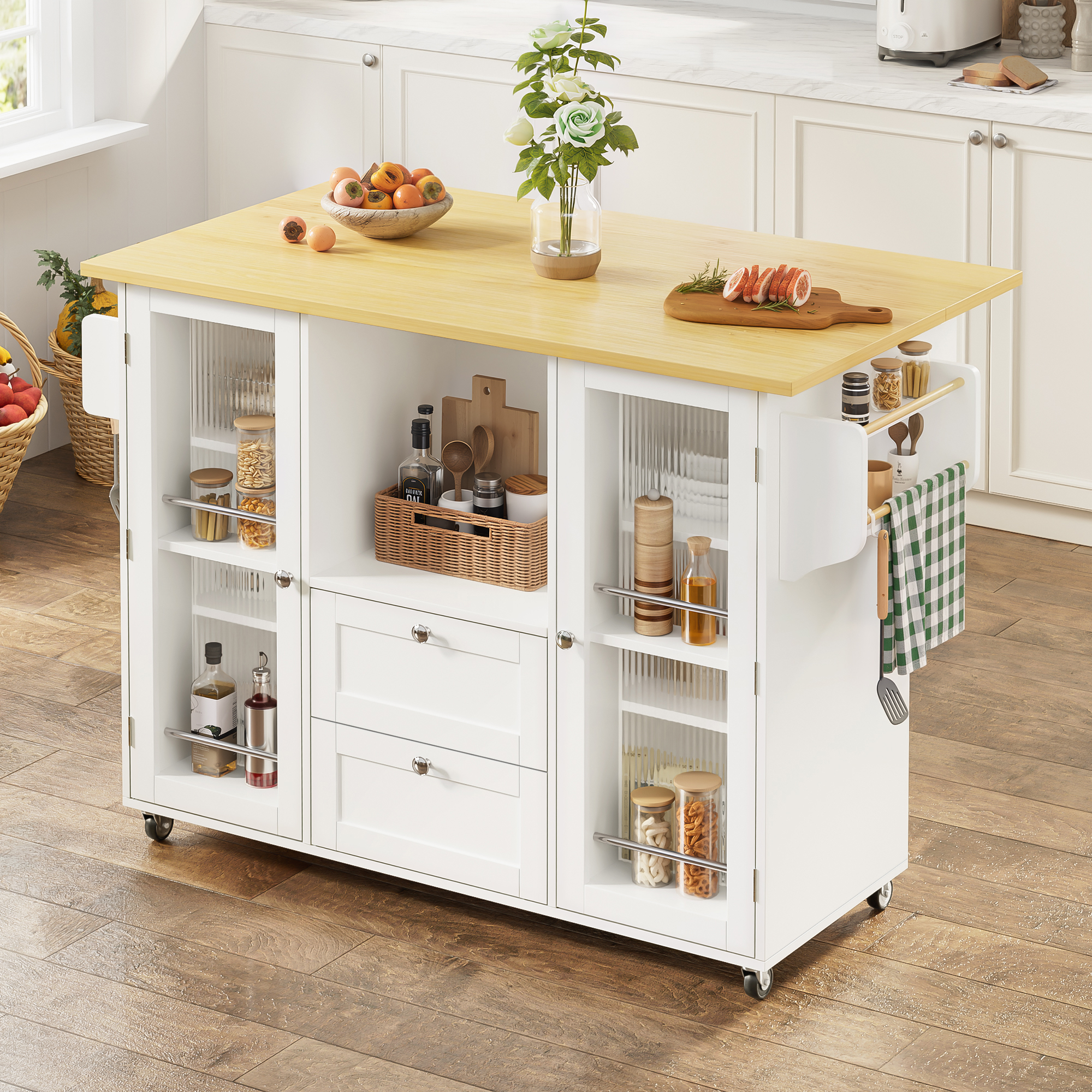 Kitchen Island On Wheels With Folding Worktop, Freestanding Kitchen Cabinet, Serving Trolley With Storage, 2 Drawers, Spice Rack, Towel Rail, Lockable Castors, 120 X45x 92 Cm