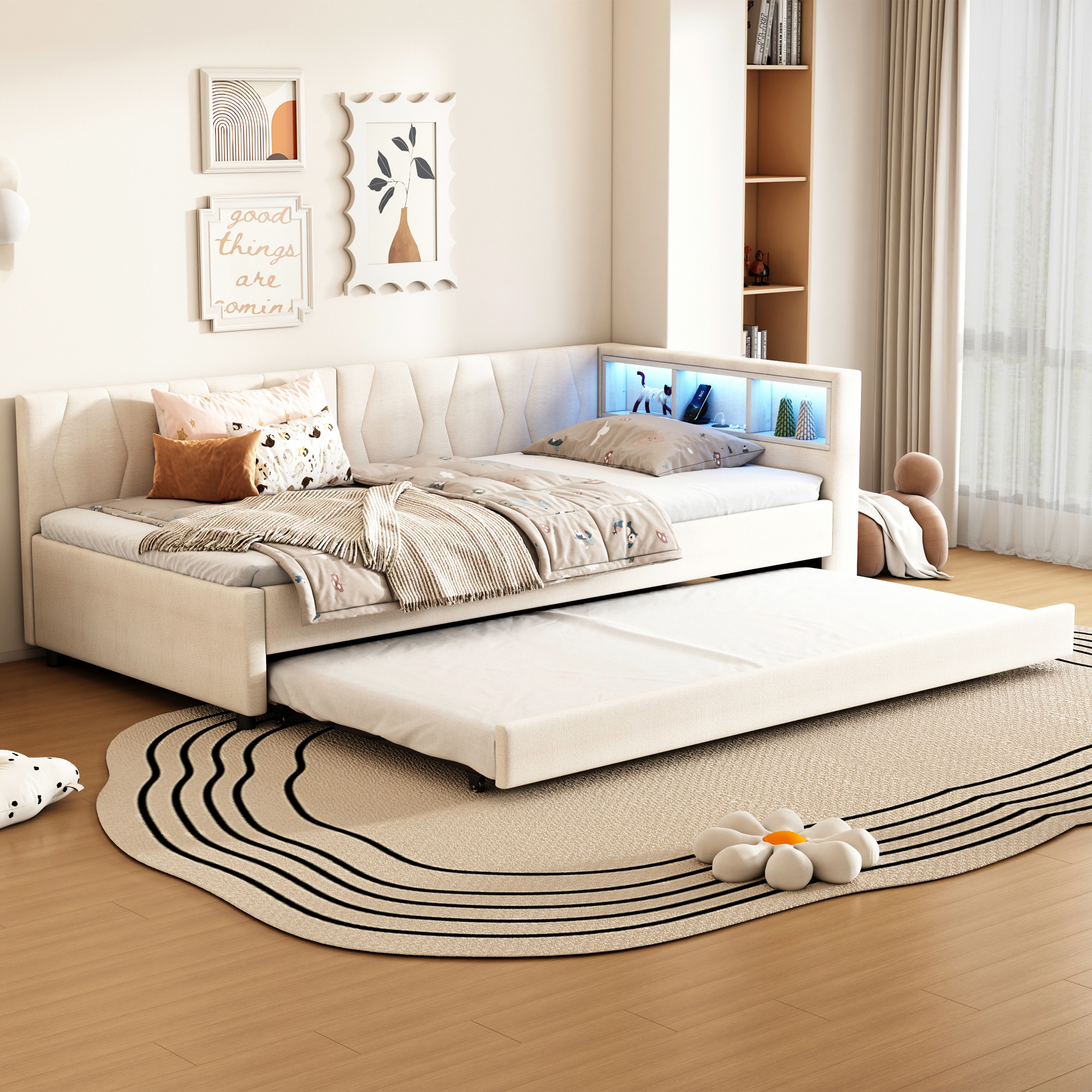 Daybed, 90x200cm, Daybed, Sofa Bed, Storage Compartment By The Bed, USBType C, With LED Light Strip, Bed With Pull-out Bed, Bed With Slatted Frame Without Mattress, Linen, Beige