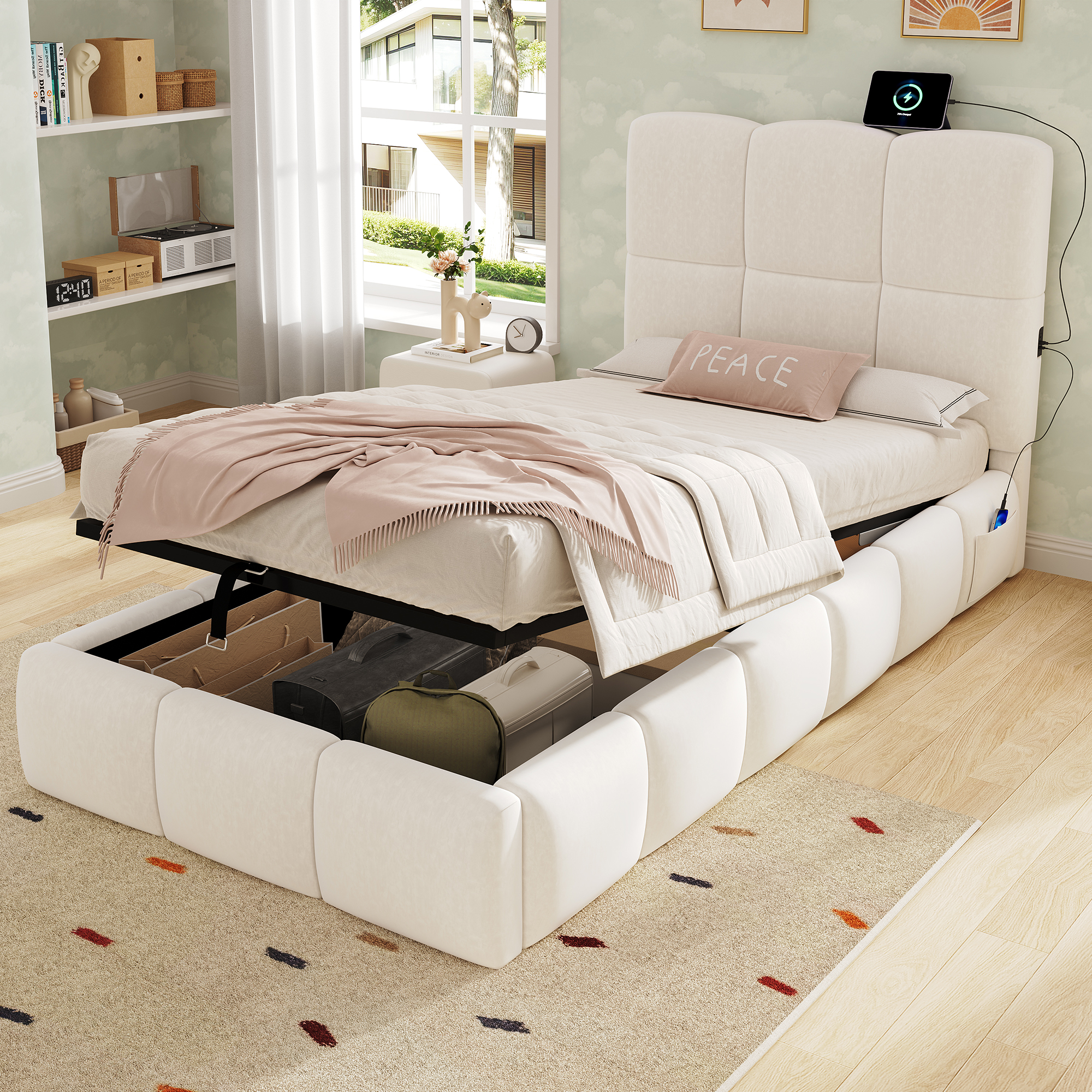 Upholstered Bed, Single Bed, Cot 90 X 200cm, Hydraulic Functional Bed, Bed With Slatted Frame, Headboard, Large Storage Space And USB Charging Port, Upholstered Headboard, Velvet, Beige