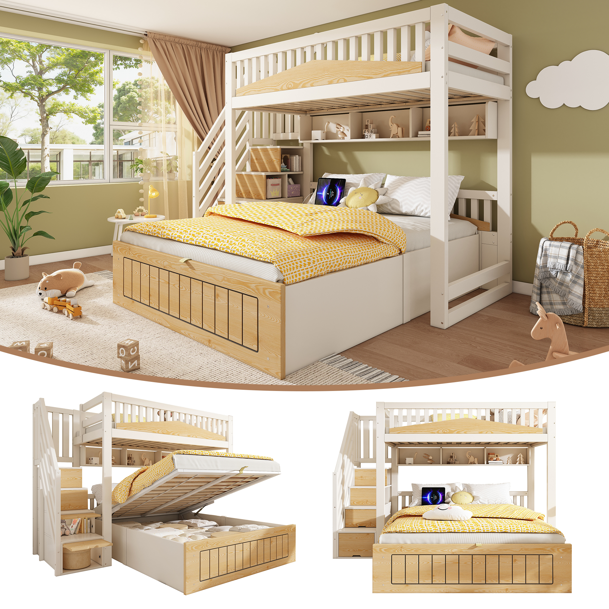 Children's Wooden Bunk Bed 90x200 & 140x200 Cm With Hydraulic Storage, Stair Locker, Safety Railing And USB-C Port, Offset Family Bed For Several Children In White & Natural, Without Mattress
