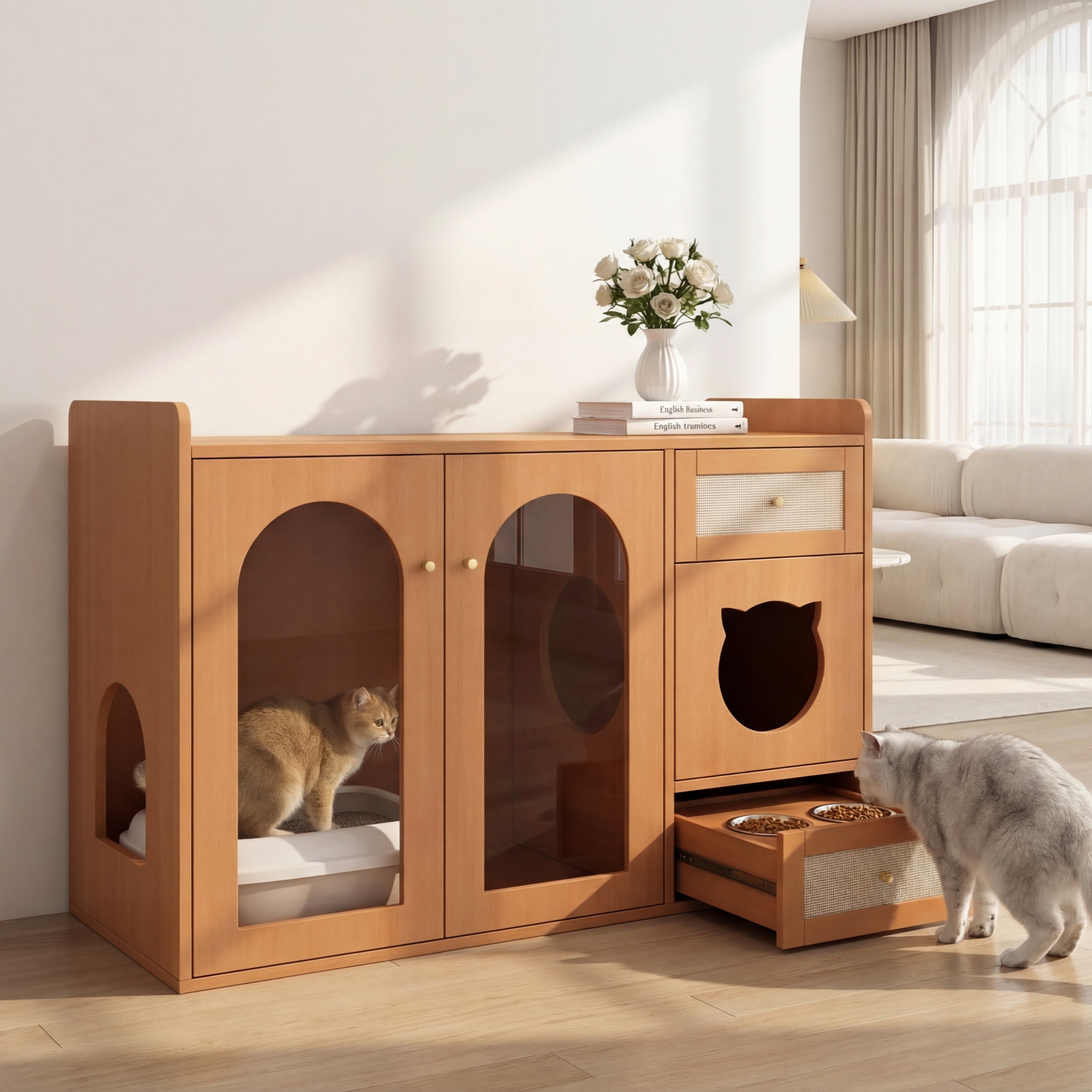 Multi-purpose Cat House & Litter Box Cabinet  Pet-friendly Side Cabinet With Food Bowls, Cat Rest Room, Storage Area  Without Litter Box & Cat Cushion