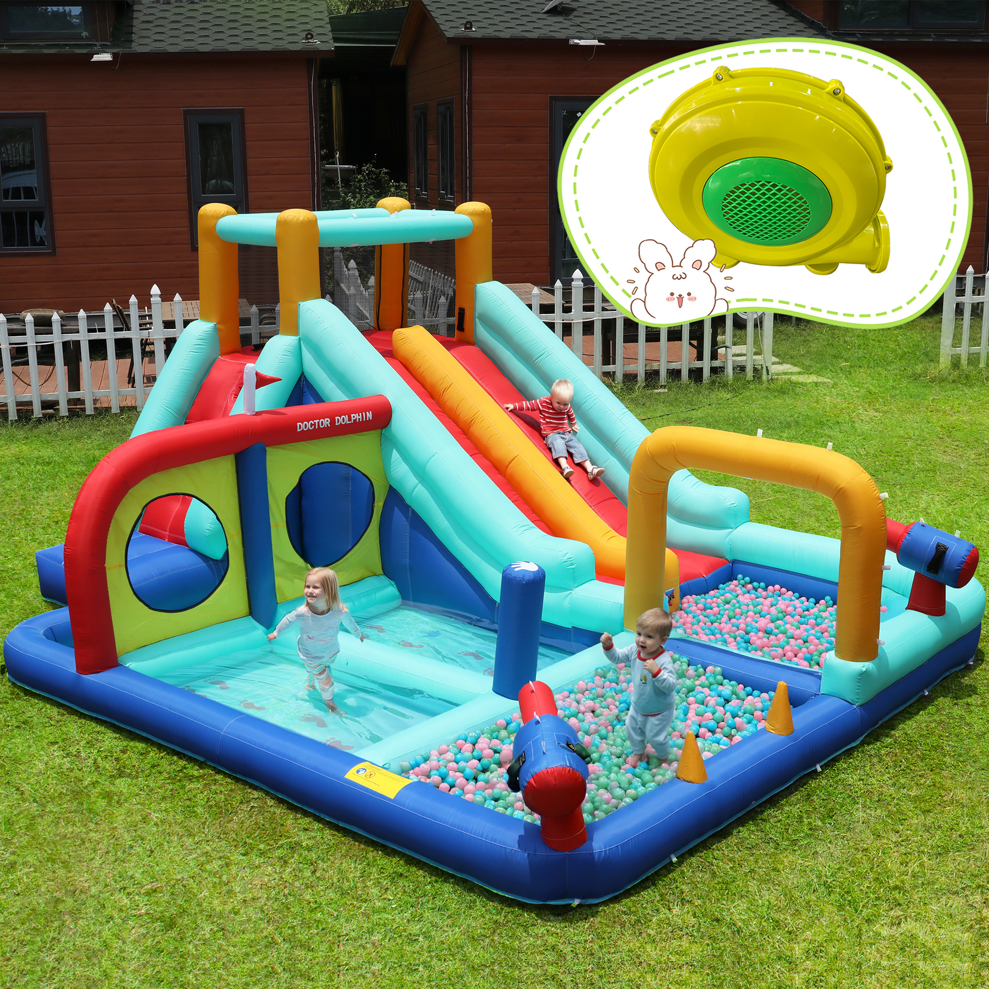 With Blower Kids Bouncy Castle, Multifunctional Outdoor Water Park With Blower, Water Castle, Double Slide Water Slide Climbing Wall Water Gun  Founta