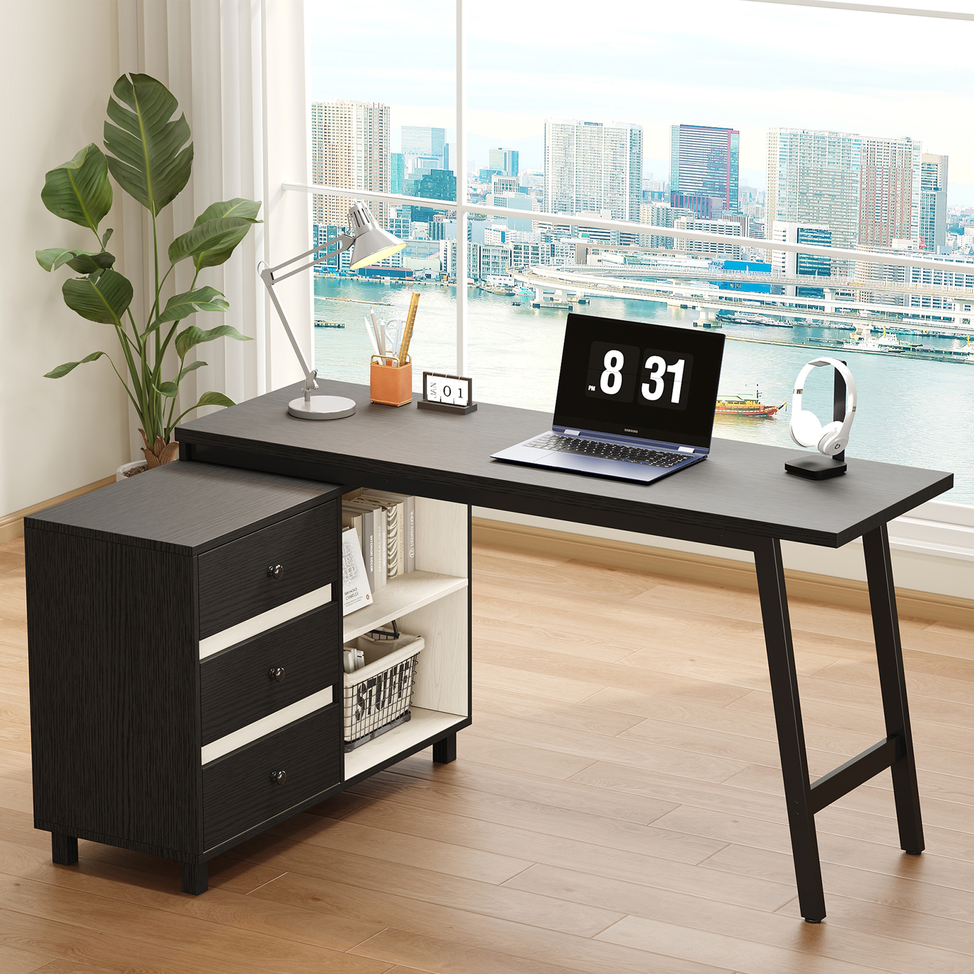 150 X 100 X 76 Cm L-shaped Desk With Three Drawers, Two Open Storage Compartments, Tubular Steel Legs, Spacious Table Top, Black And White.