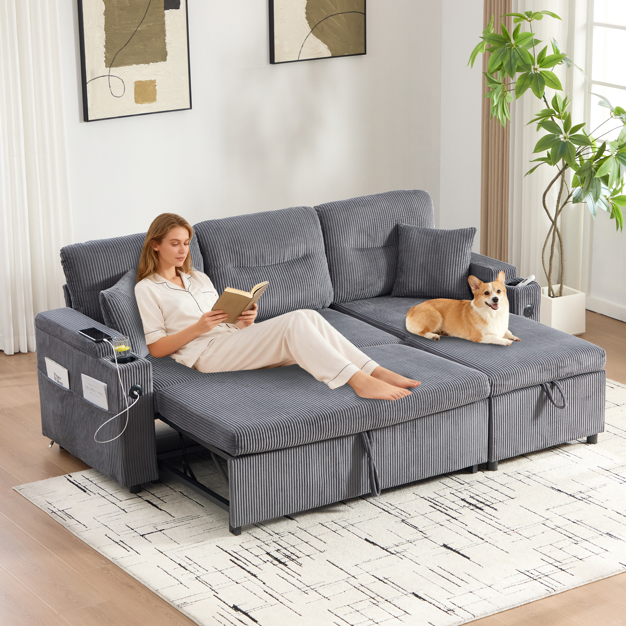 Modern 3-person Cordsofa With Storage, Beverage Racks And USB-C. Hydraulic Chaise Longue And Drawer Bed -Stylish Design Meets Comfort, Flexibility And