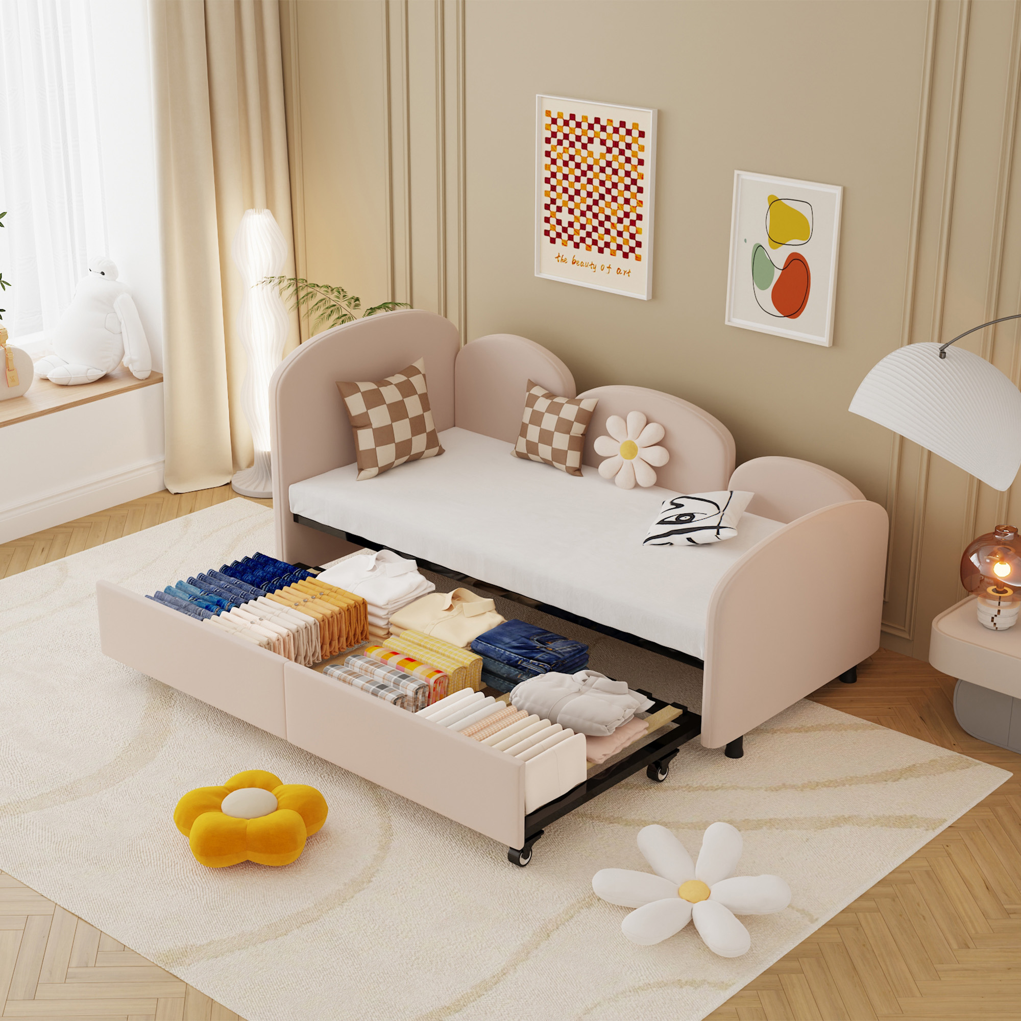 SOFTSEA Twin Size Daybed With Storage Drawers, Velvet Upholstered Daybed, Bedroom Living Room Modern Sofa Bed Daybed Frame For Living Room, Kids Room,