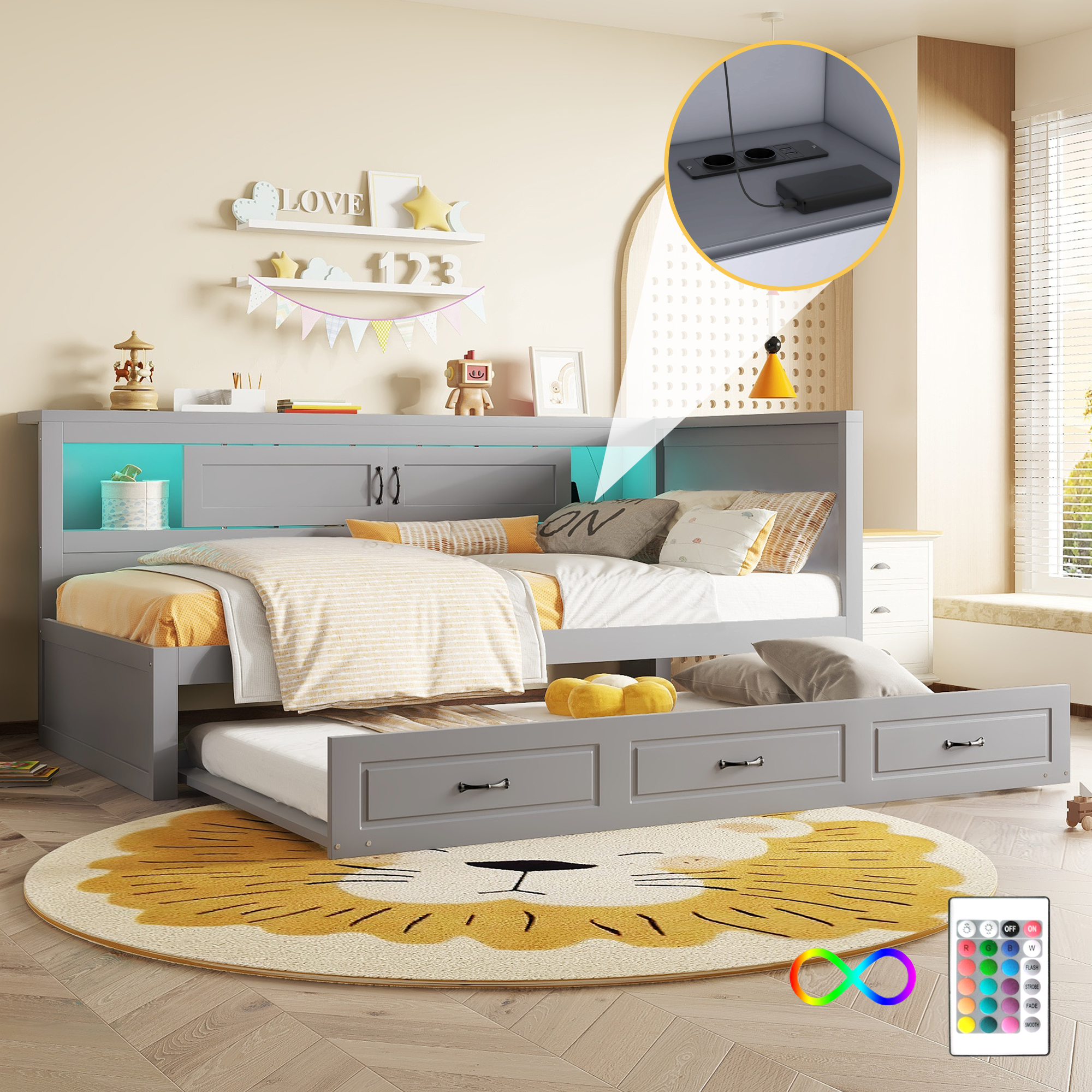 Sofa Bed, Daybed, Daybed, 90X200cm, With LED Lights, Bedside Storage Compartment, Pull-out Bed, Socket -USB, Without Mattress, Grey