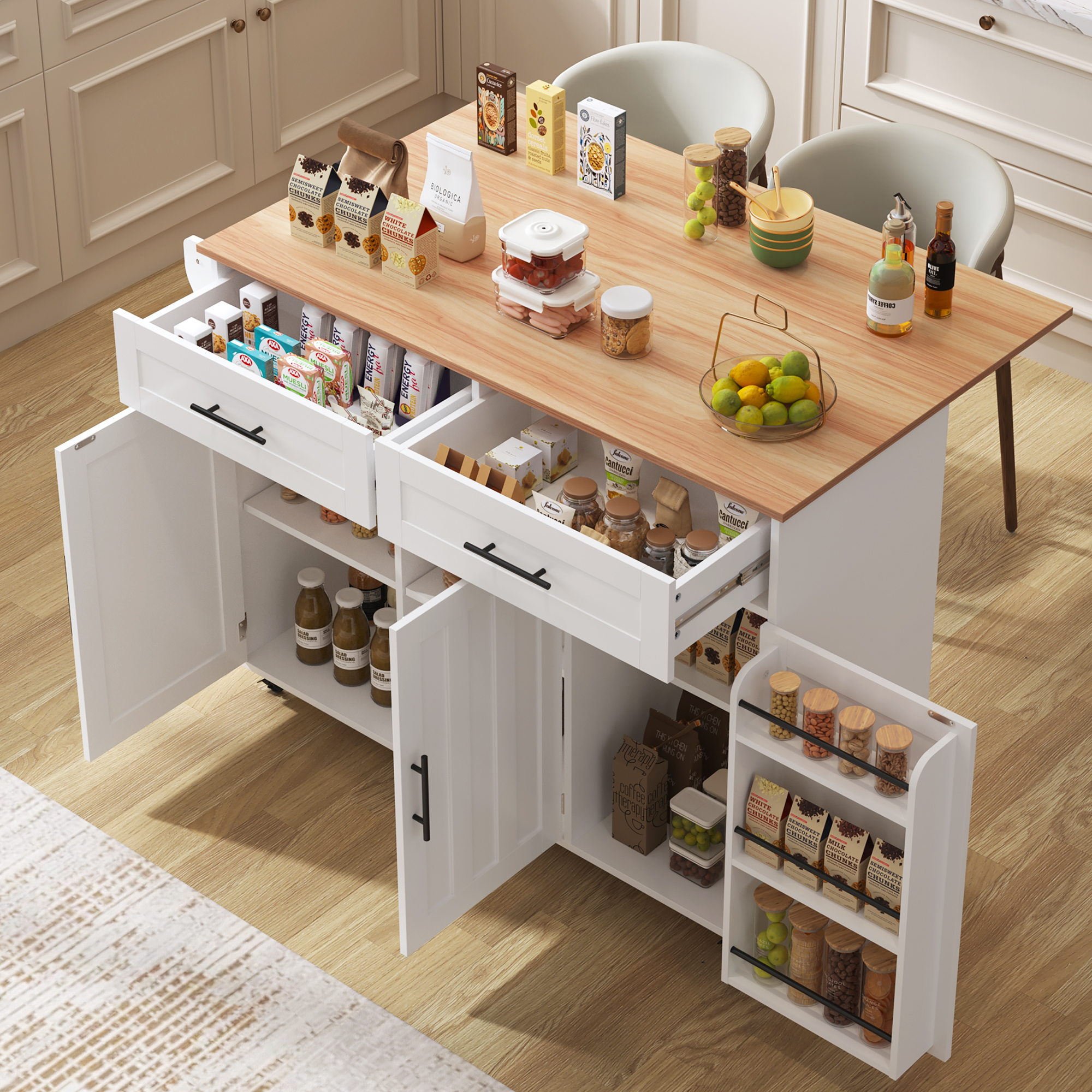 129x46 X91.5cm Dining Car Sideboard, Solid Wood Grain Worktop  White Cabinet Foldable Worktop Storage Door Design Wheels Solid Wood Feet Reversible Suitable For Home Use