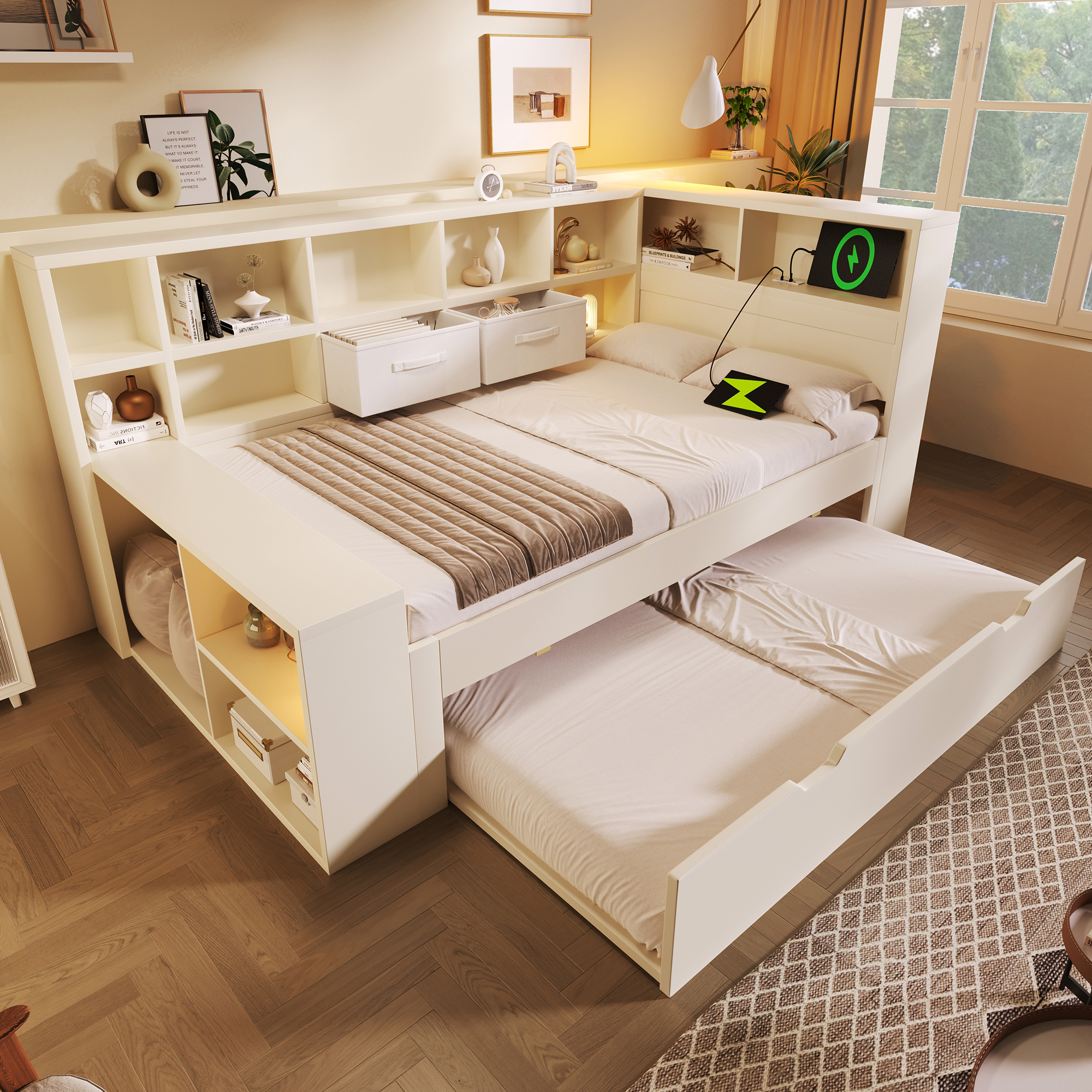 AB30394234W Single Bed 90x200 In White, Storage Bed With Pull-out Bed, 3-sided Shelves & Integrated USB Type-C Charging  Functional Bed For The Children's And Teenagers' Room, Without Mattress