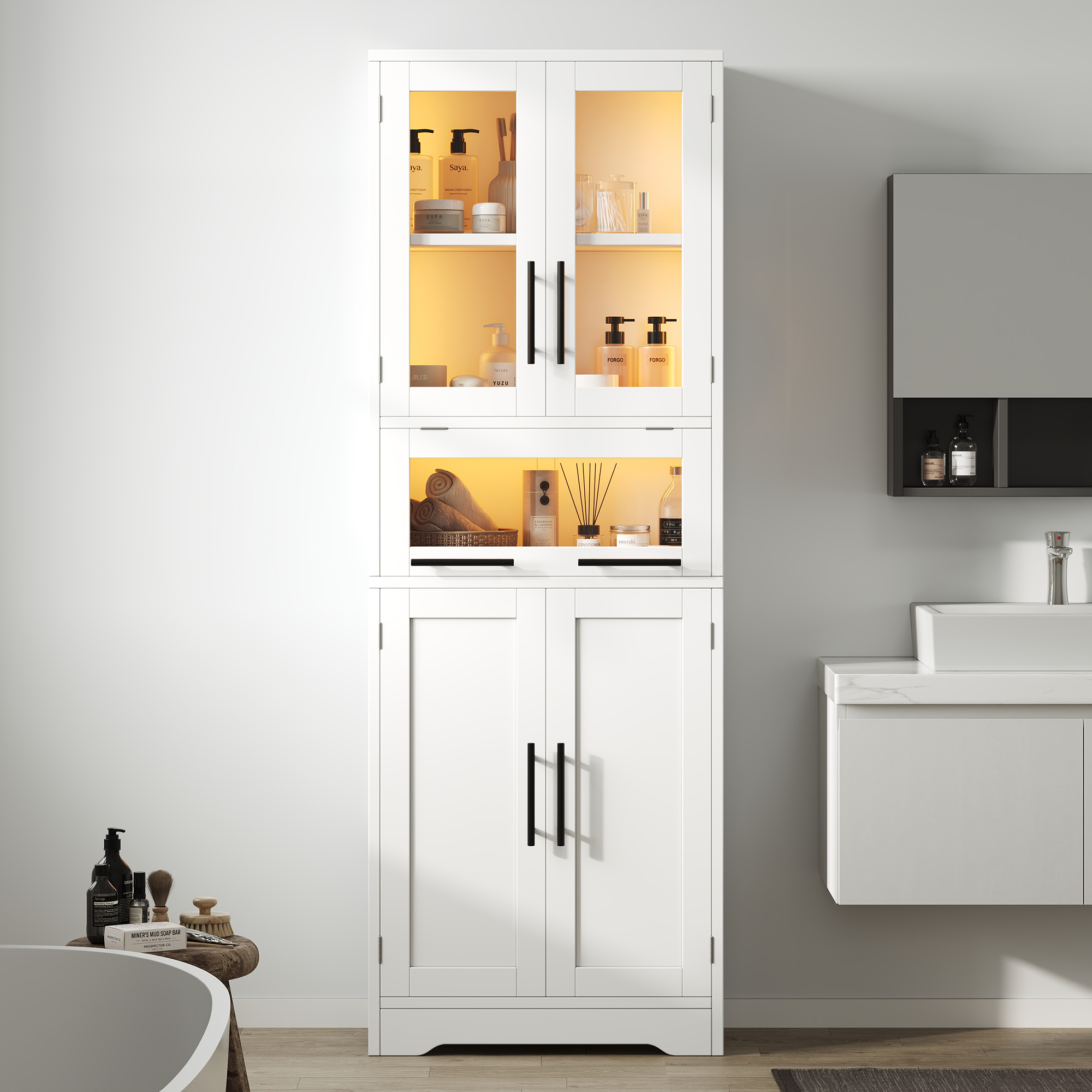 60x30x170 Cm Bathroom Tall Cabinet, Free-standing Storage Unit, App-controllable LED Light Strip, Glass Doors, Adjustable Shelves, Nordic Minimalist S