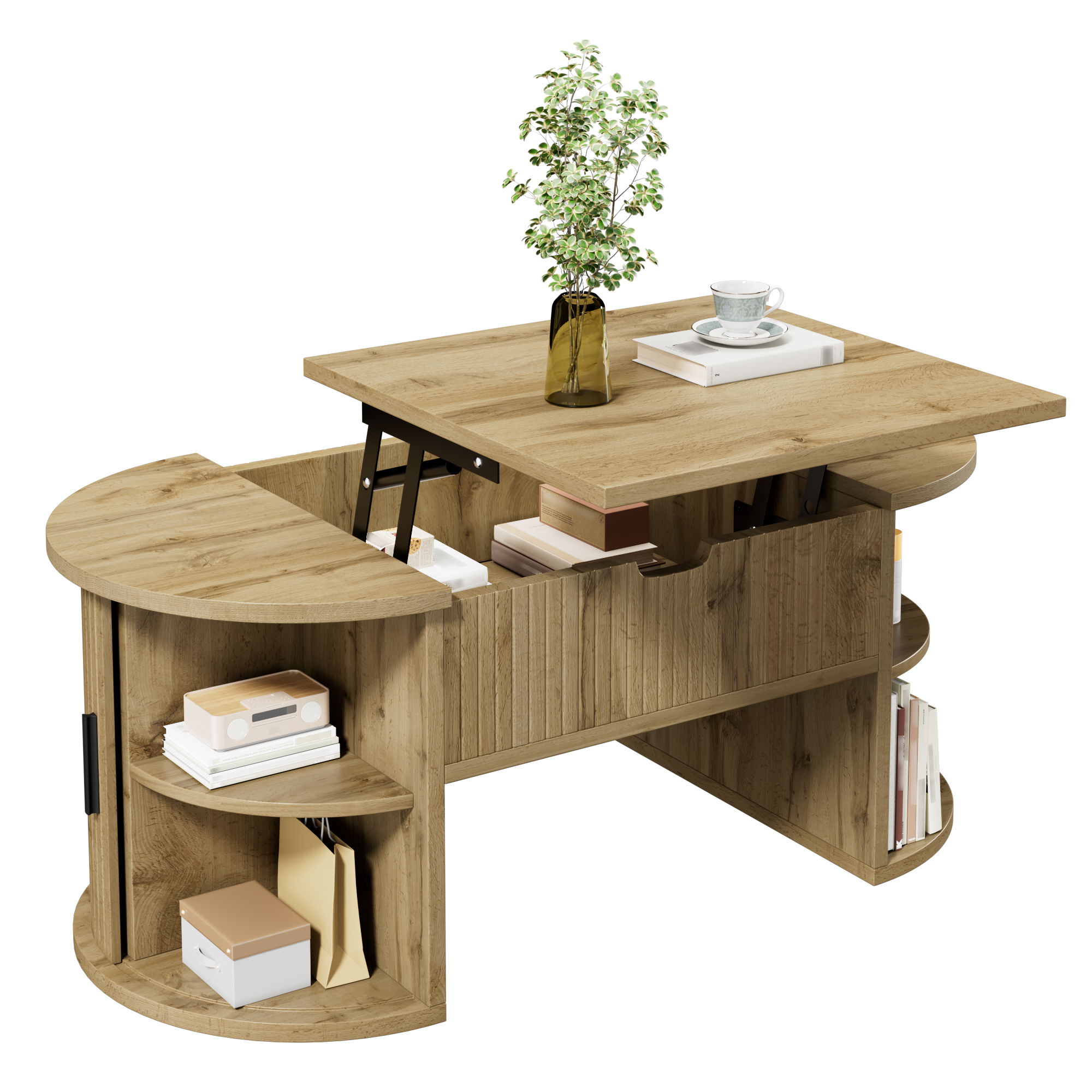 Modern Height Adjustable Coffee Table , Height Adjustable Coffee Table For Living Room , Open Shelves And Hidden Storage , Sliding Doors , Ideal For Small Homes And Home Offices