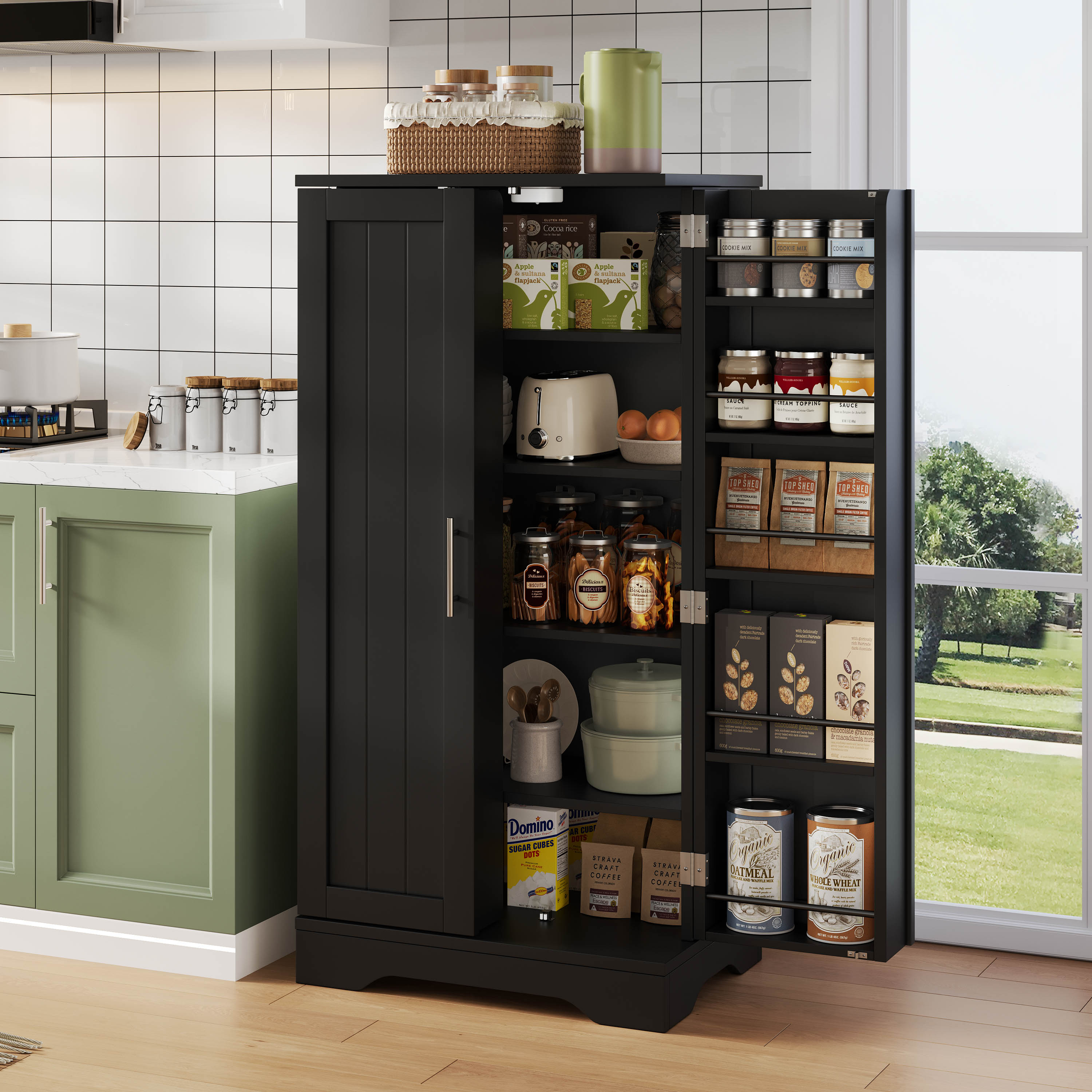 120x60x40xcm Kitchen Cabinet With LED Sensor Light, Large 2-Door Storage Cabinet With Adjustable Shelves & Door Shelves  Suitable For Kitchen, Dining Room Or Living Room, Black