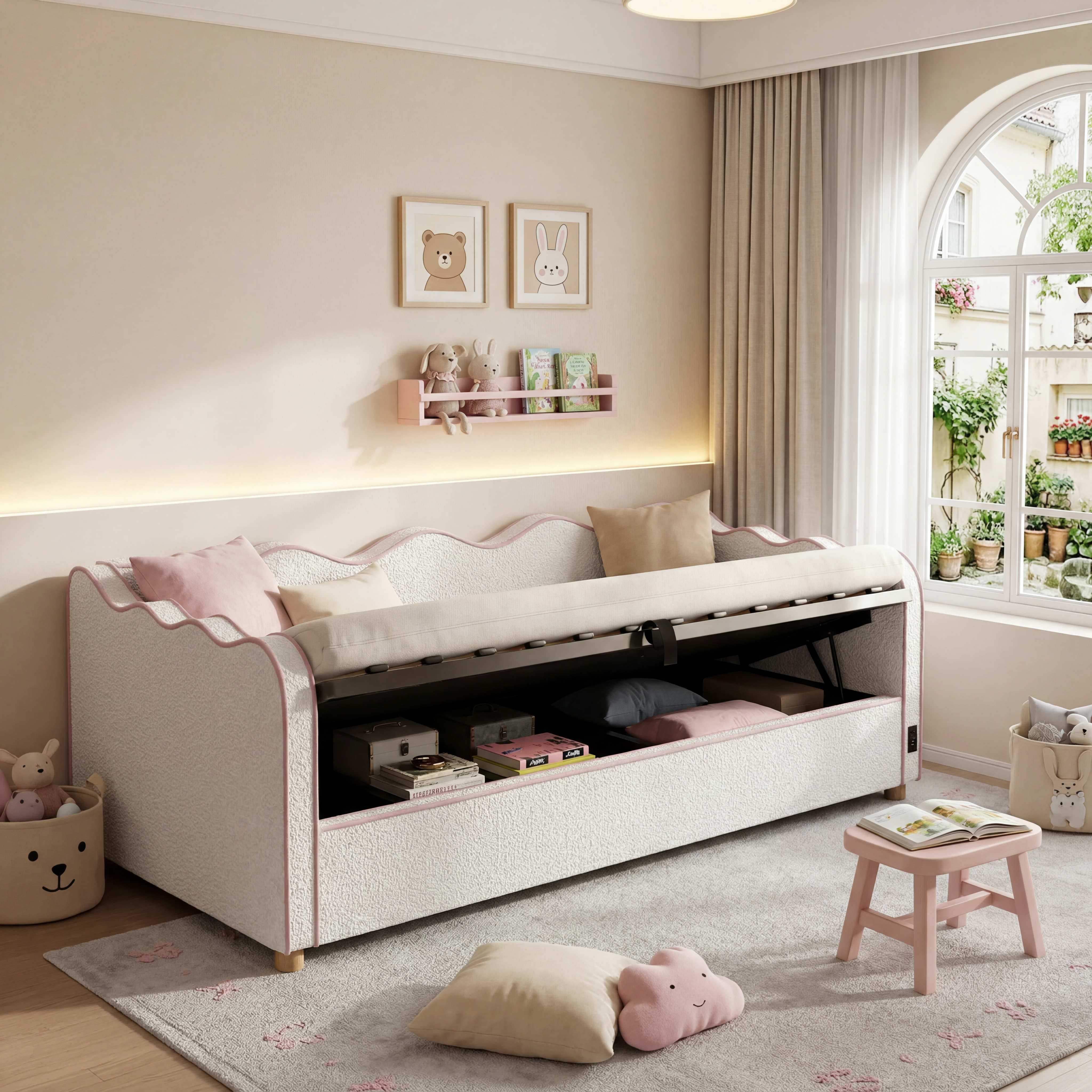 Daybed 90x200 Cm With Hydraulic Storage, Upholstered Bed, Daybed, Sofa Bed With USB & Backrest, Boucle, Beige 2
