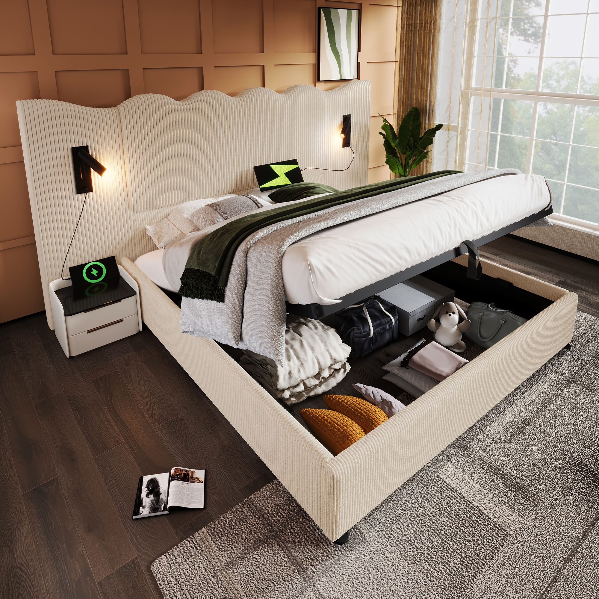 Upholstered Bed Double Bed 180x200 With Reading Lamp And USB Type-C Charging Function, Storage Bed Frame With Slatted Frame Made Of Solid Wood And Metal, Beige-white, Corduroy Fabric  Without Mattress