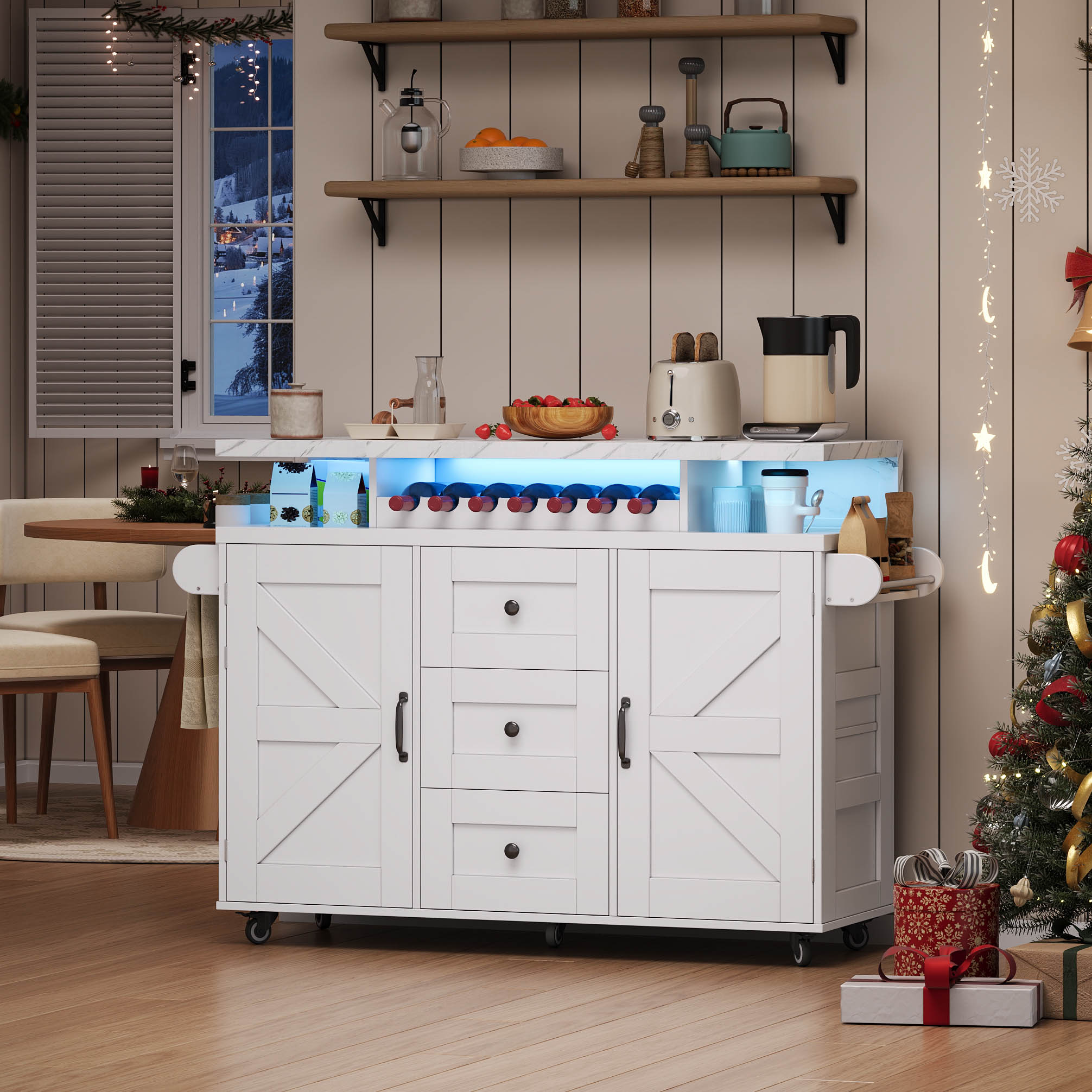 Mobile Kitchen Island With Folding Worktop, Kitchen Trolley, 5 Wheels, Door Shelf, Wine Rack And Glass Holder, 120x42x93cm 5