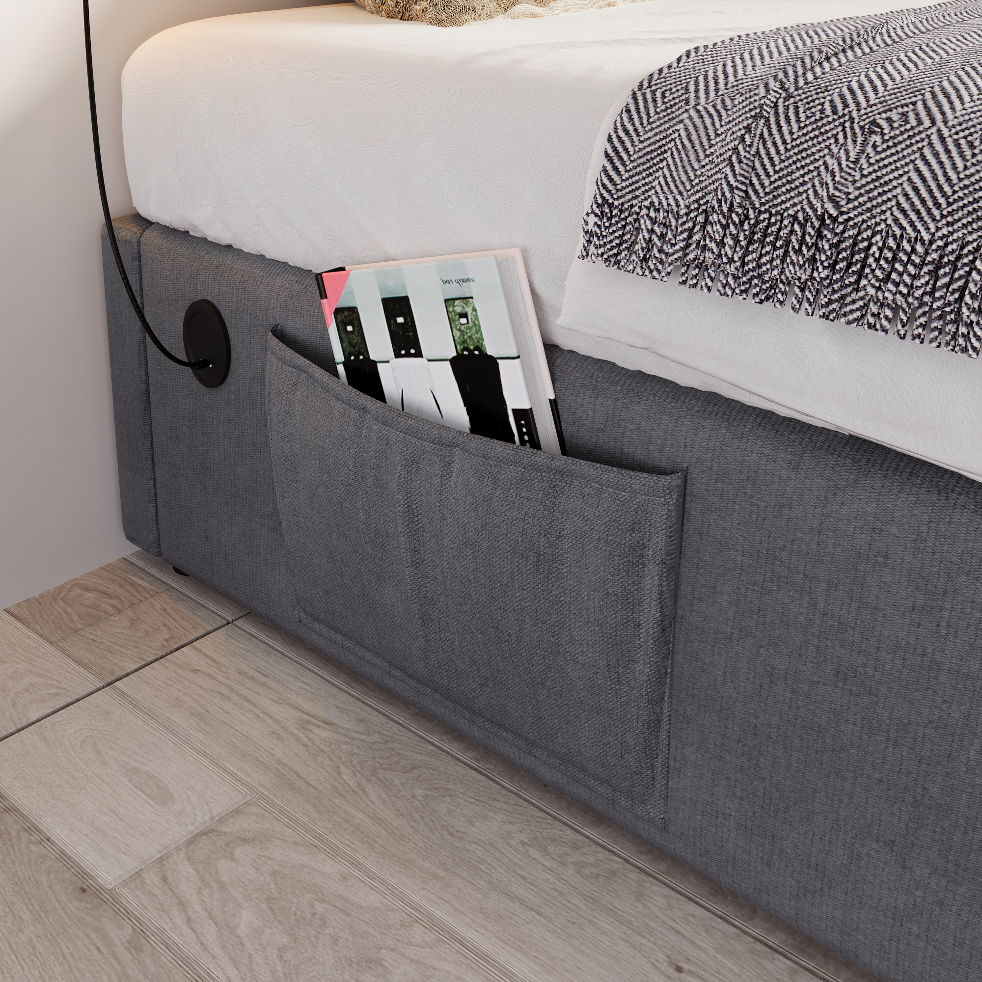 Upholstered Bed Single Bed 90x200 Cm, Structured Bed Frame With USB-C And Full Surface Slatted Frame, Without Headboard, Cotton, Grey 5