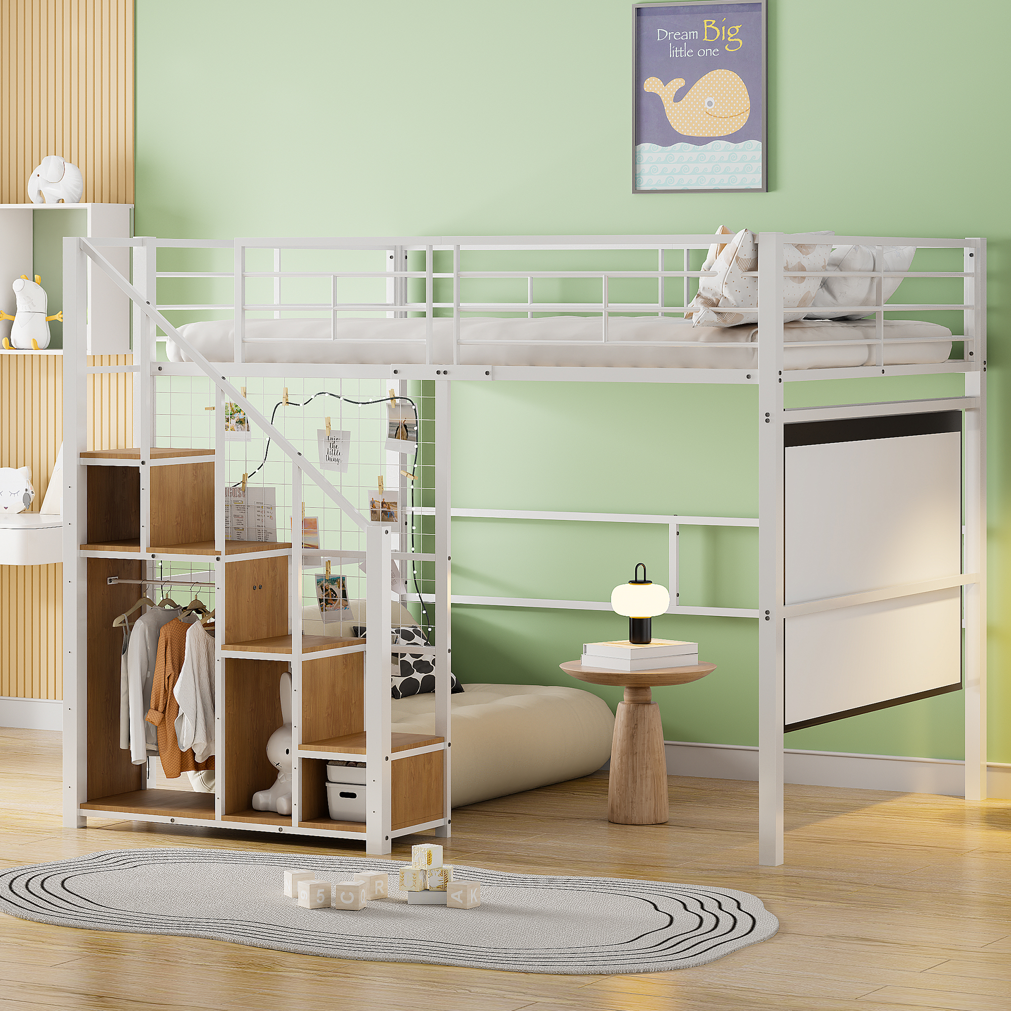 Loft Bed With Safety Ladder 140x200, Cot With Iron Frame And Storage Area, Youth Bed, White