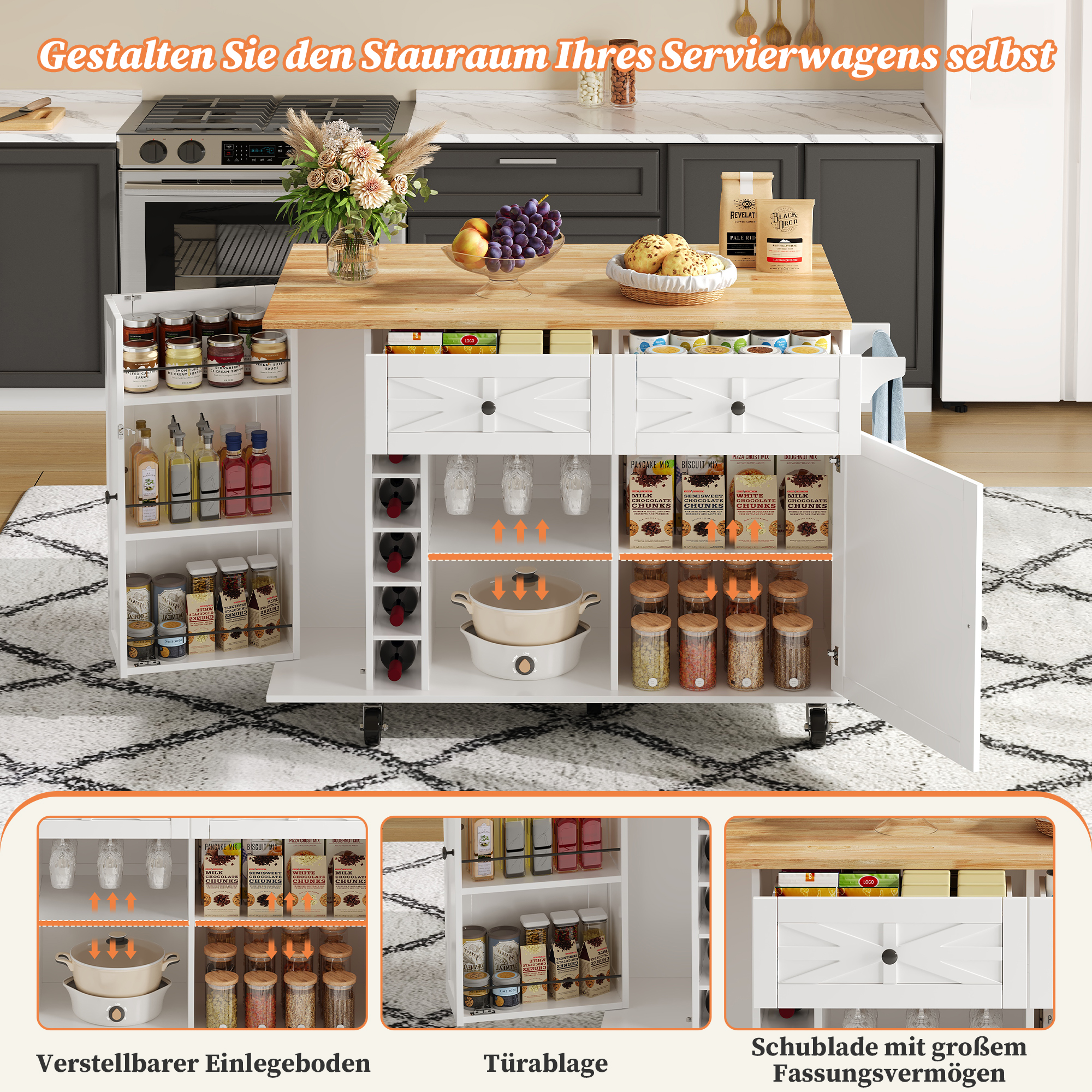 Kitchen Island With Folding Worktop, Equipped With 5 Locking Castors, Door Shelf, Wine Rack And Glass Holder, White, 120 X 45 X 89 Cm 5