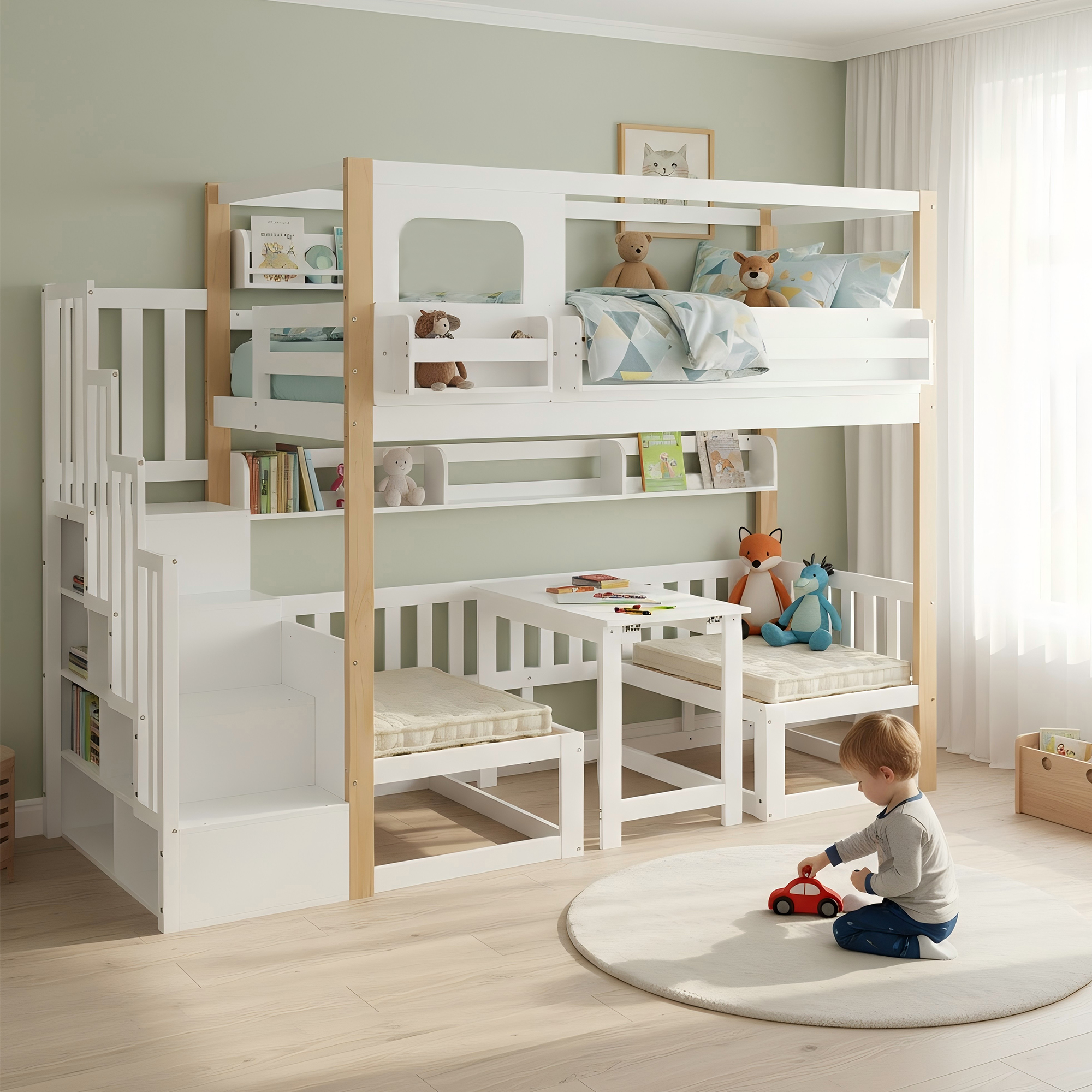 Lit superposé, lit enfant, table multifonctionnelle réglable en hauteur – Image 3