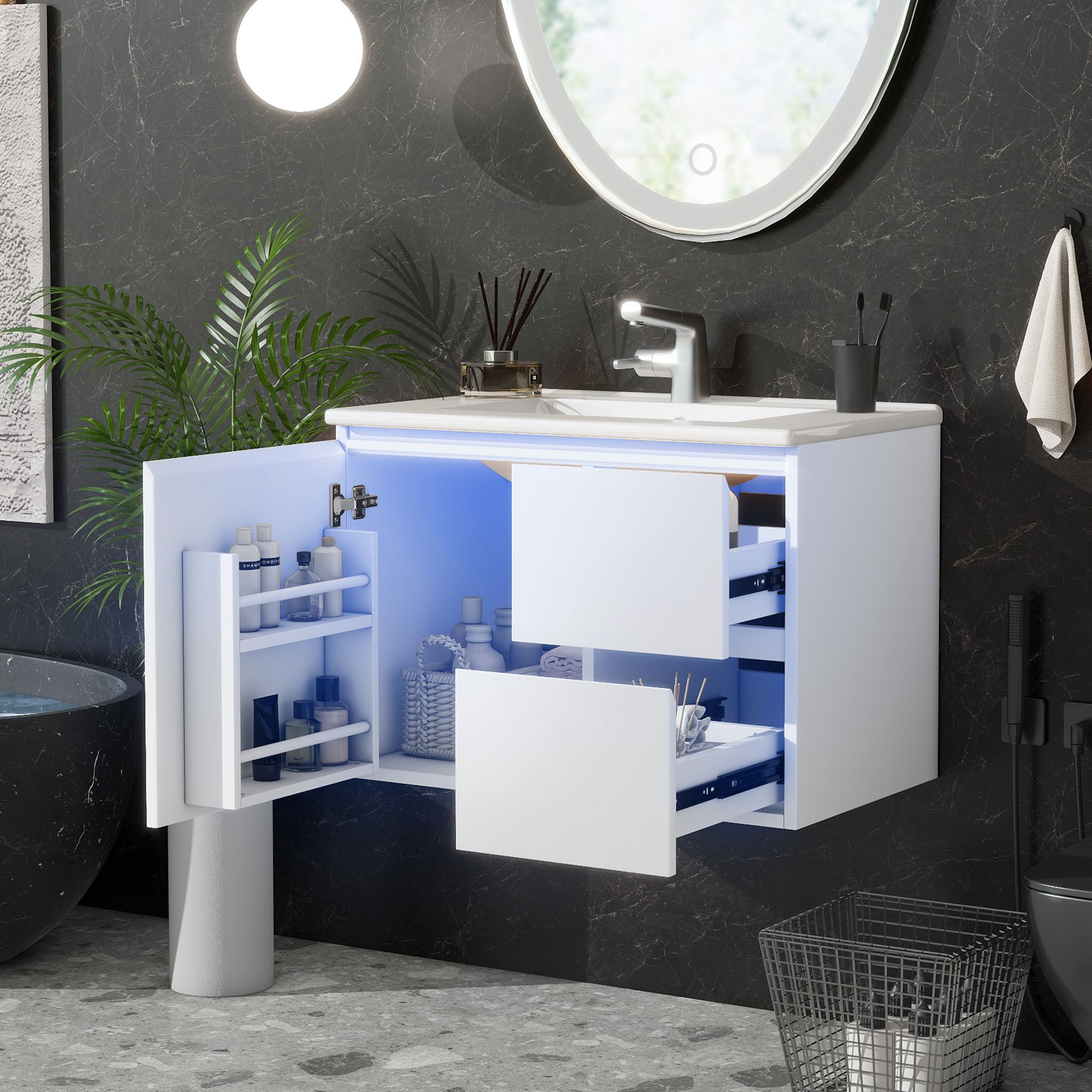 76x46x50cm Wall-hung Bathroom Cabinet, Full Lacquer, LED Radar Sensor Lighting, Washbasin, Two Drawers, Quiet Sliding Rails, Left And Right Shelf, Int