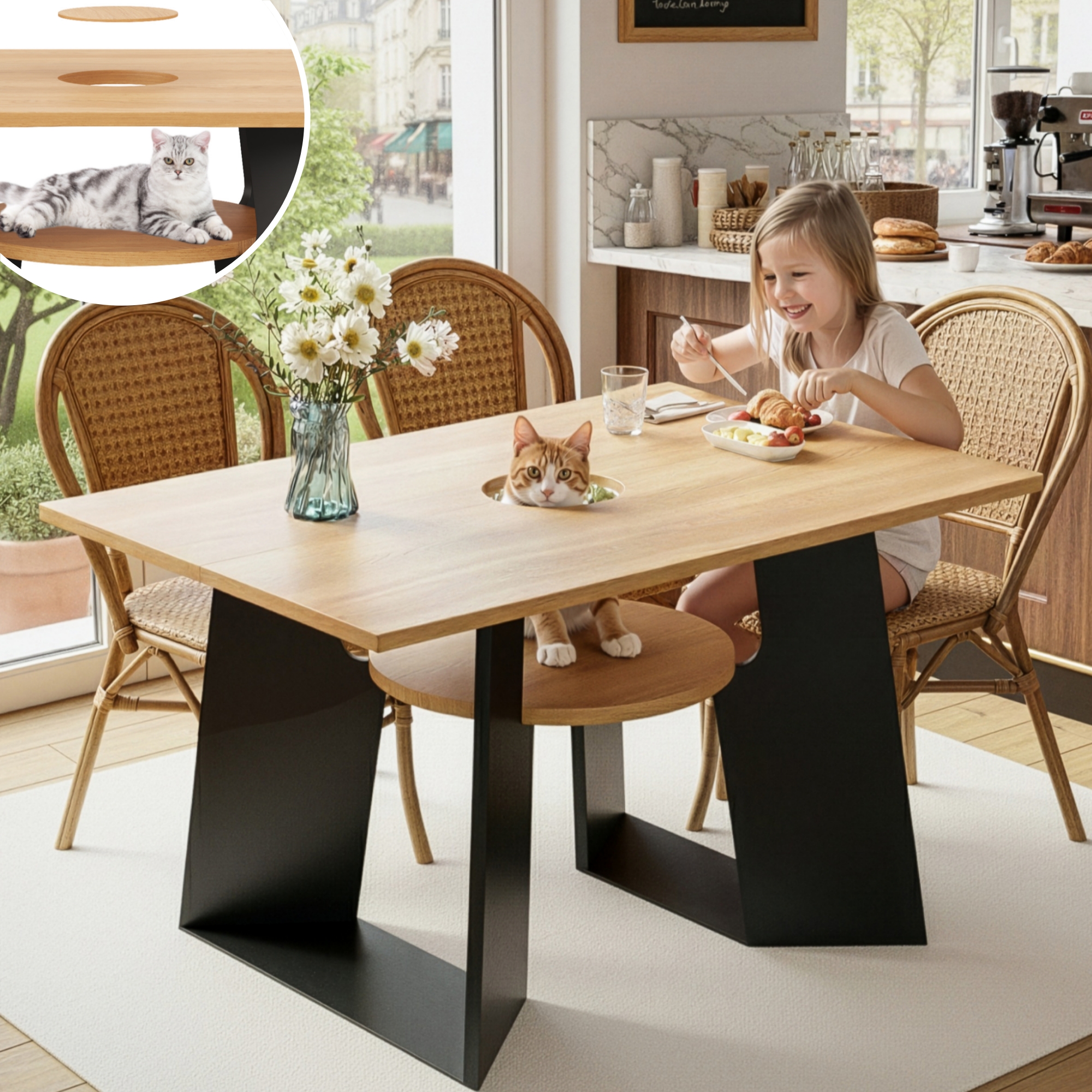 Table de cuisine de salle à manger acceptant les animaux de compagnie avec étagère de rangement pour animaux de compagnie,