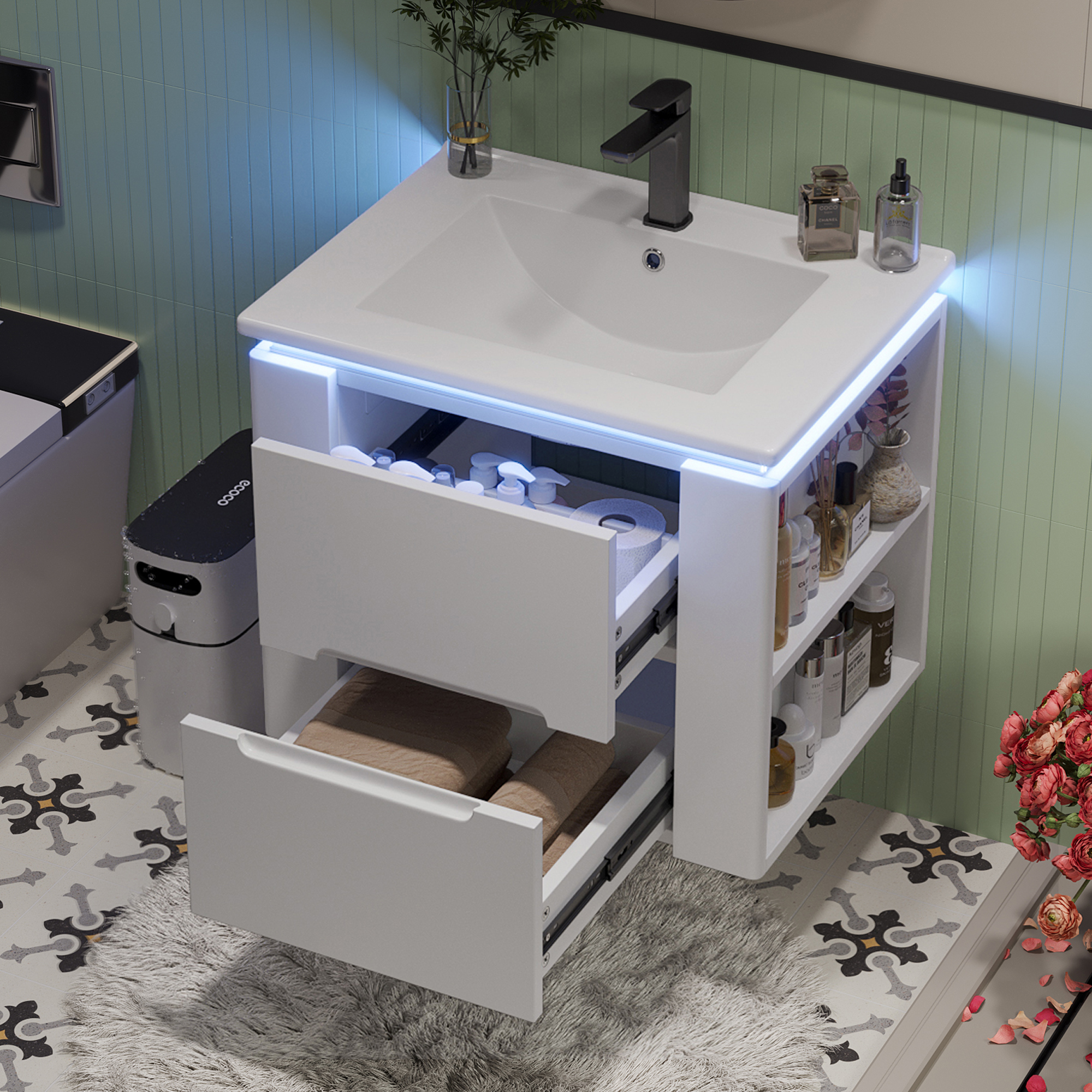 61x46x48.5cm Wall-mounted Bathroom Cabinet, Full Lacquer, LED  Sensor Lighting, Two Drawers, Quiet Slide Rails, Two Side Shelves, Washbasin, Integrate