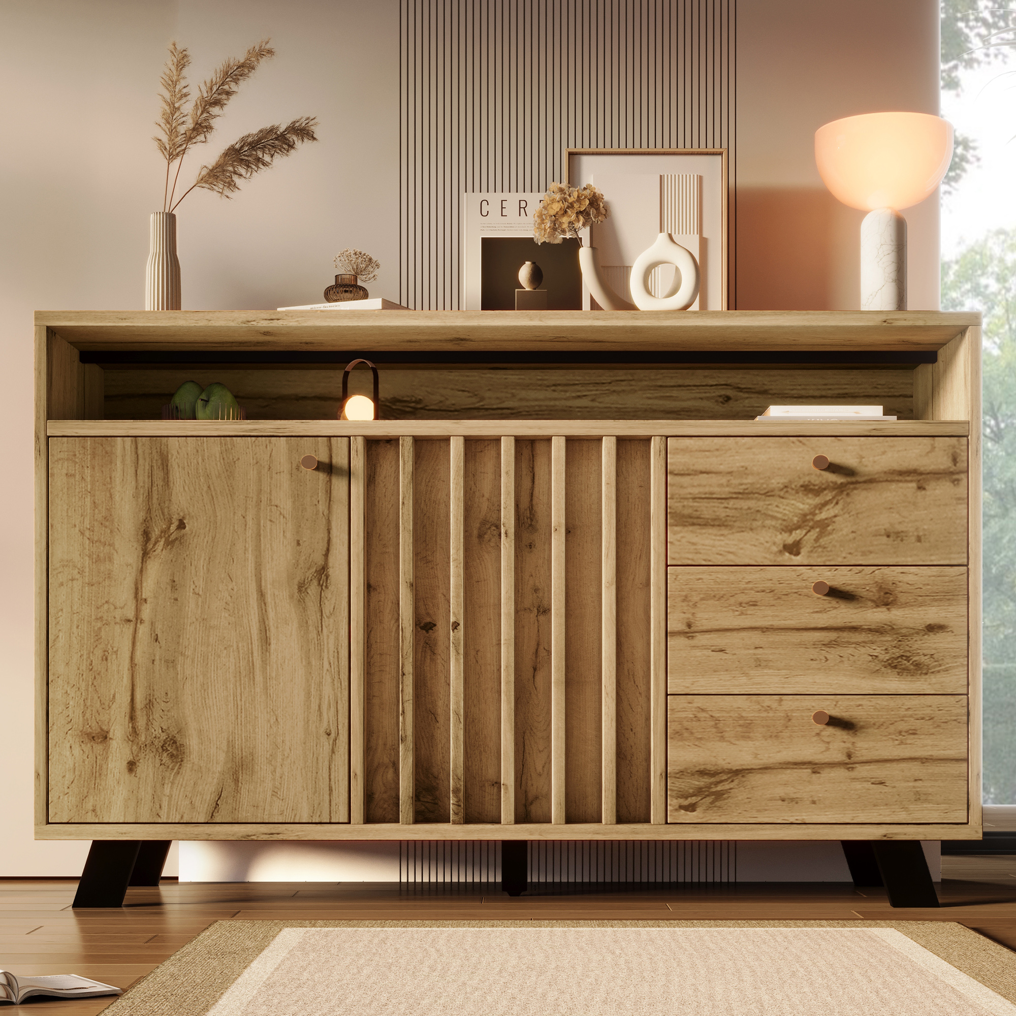Sideboard Chest Of Drawers With 3 Drawers And 2 Doors Storage Cabinet With Open Compartment And Slat Front In Vintage Style For Living Room, Dining Room, Hallway And Entrance Area In Dark Oak 120W X 4
