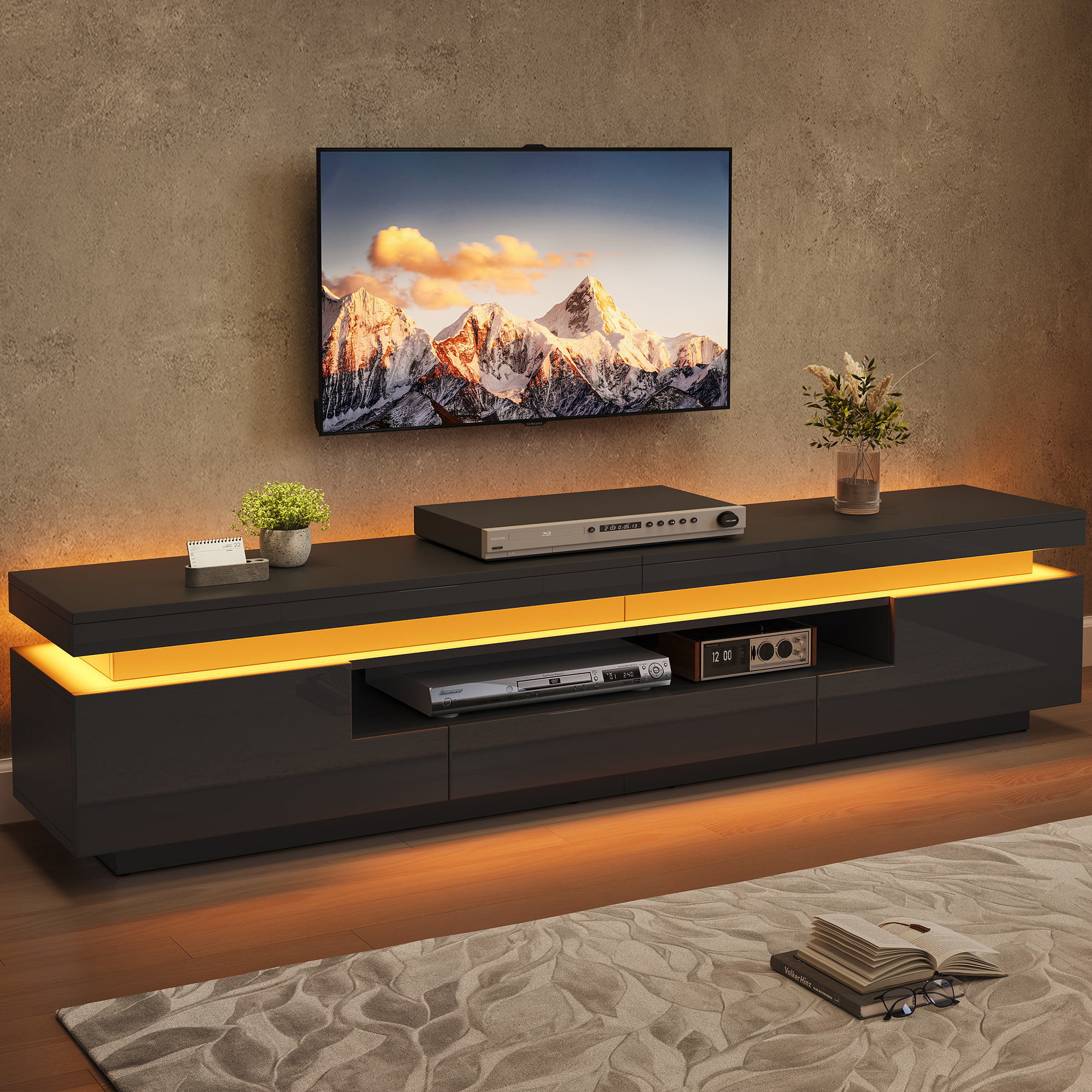 175x38x45cm Living Room TV Stand With 2 L-Shaped Cabinets And 1 Drawer,High Gloss Living Room Cabinet With LED,Lowboard With Semi-Open Storage, For TVs Around 75 Inches,Black