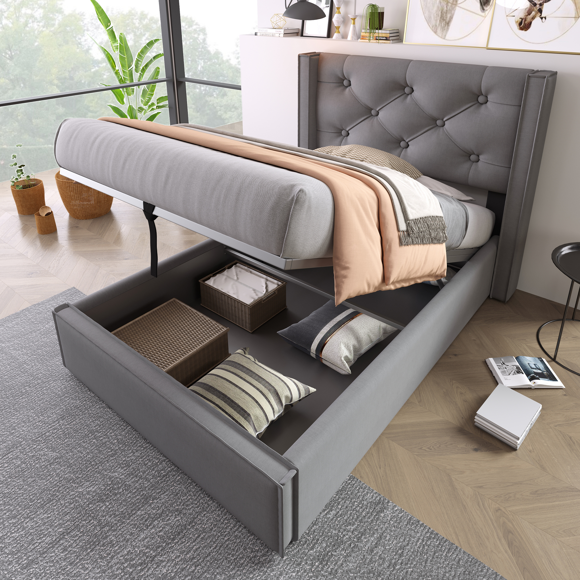 Hydraulic Single Bed Upholstered Bed 90x200cm,Bed With Metal Frame Slatted Frame, Modern Bed Frame With Storage Space, Cotton, Grey