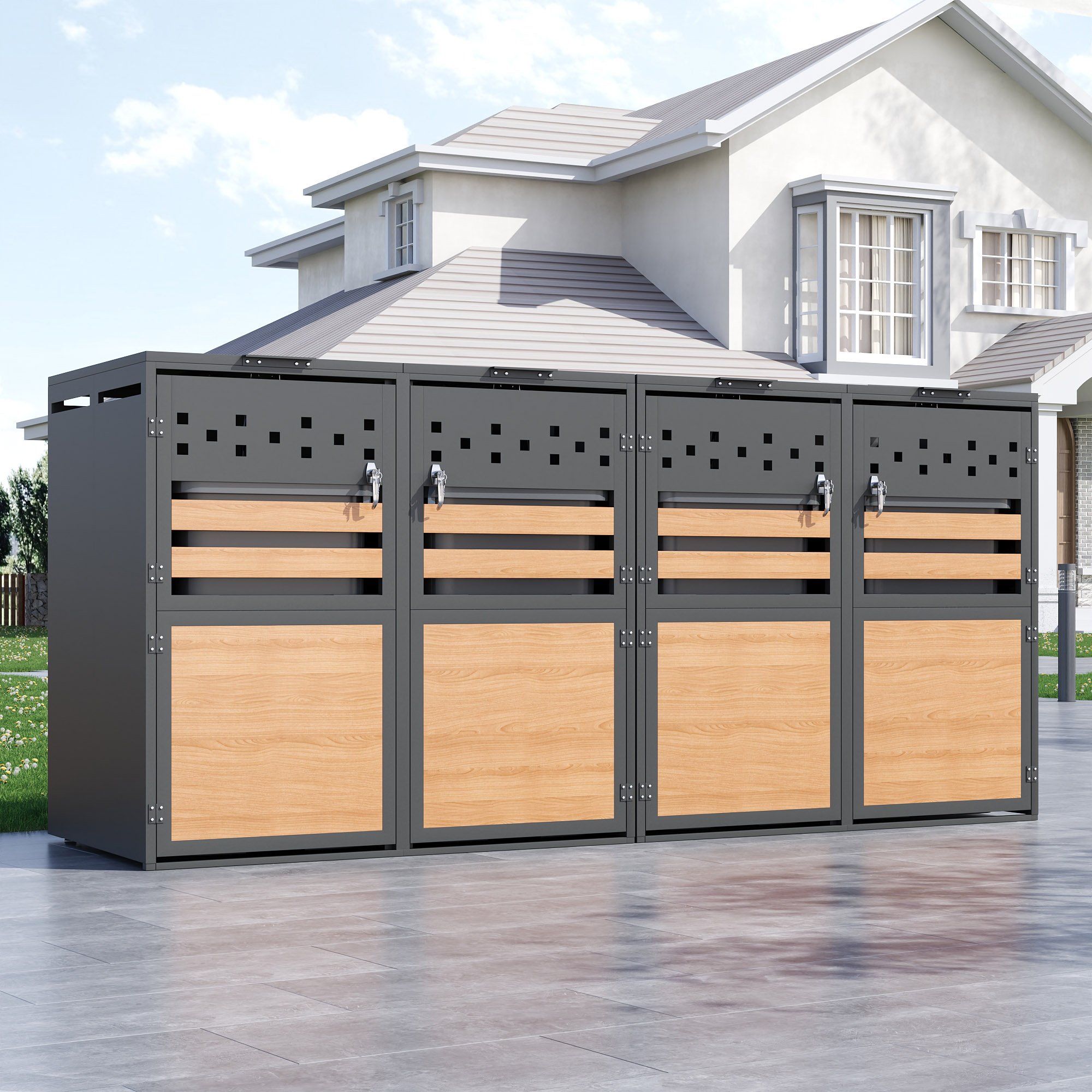 Trash Can Box, With Hinged Lid, Trash Storage Compartments,Lockable, Four Doors,Horizontal Wood Grain Blocks