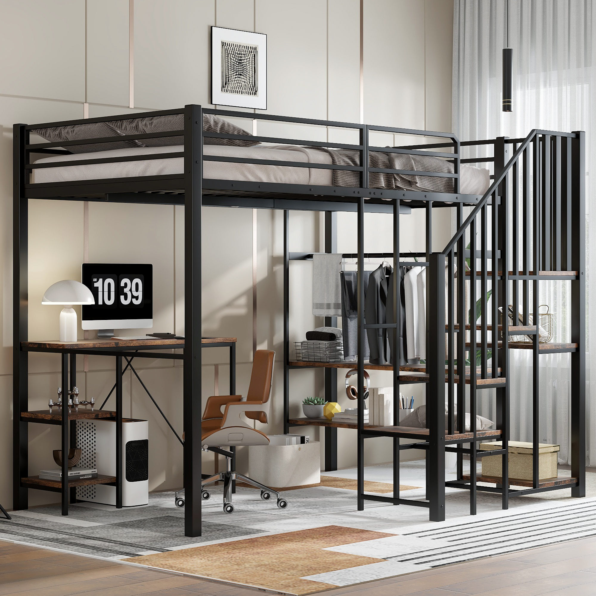 Iron Bed, Bunk Bed, Suitable For Children And Teens, Corner Ladder Cabinet With Storage Space, With Table And Storage Shelf, With Open Wardrobe, Iron MDF, Black Vintage Wood Paint, 120x200cm