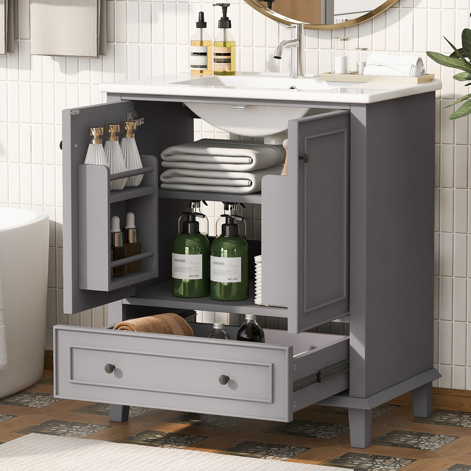 76x46x87cm Floor-standing Bathroom Cabinet With Wash Basin, Wash Basin, Legs Made Of Solid Wood, Full Lacquer, Moisture- And Waterproof, Large Storage