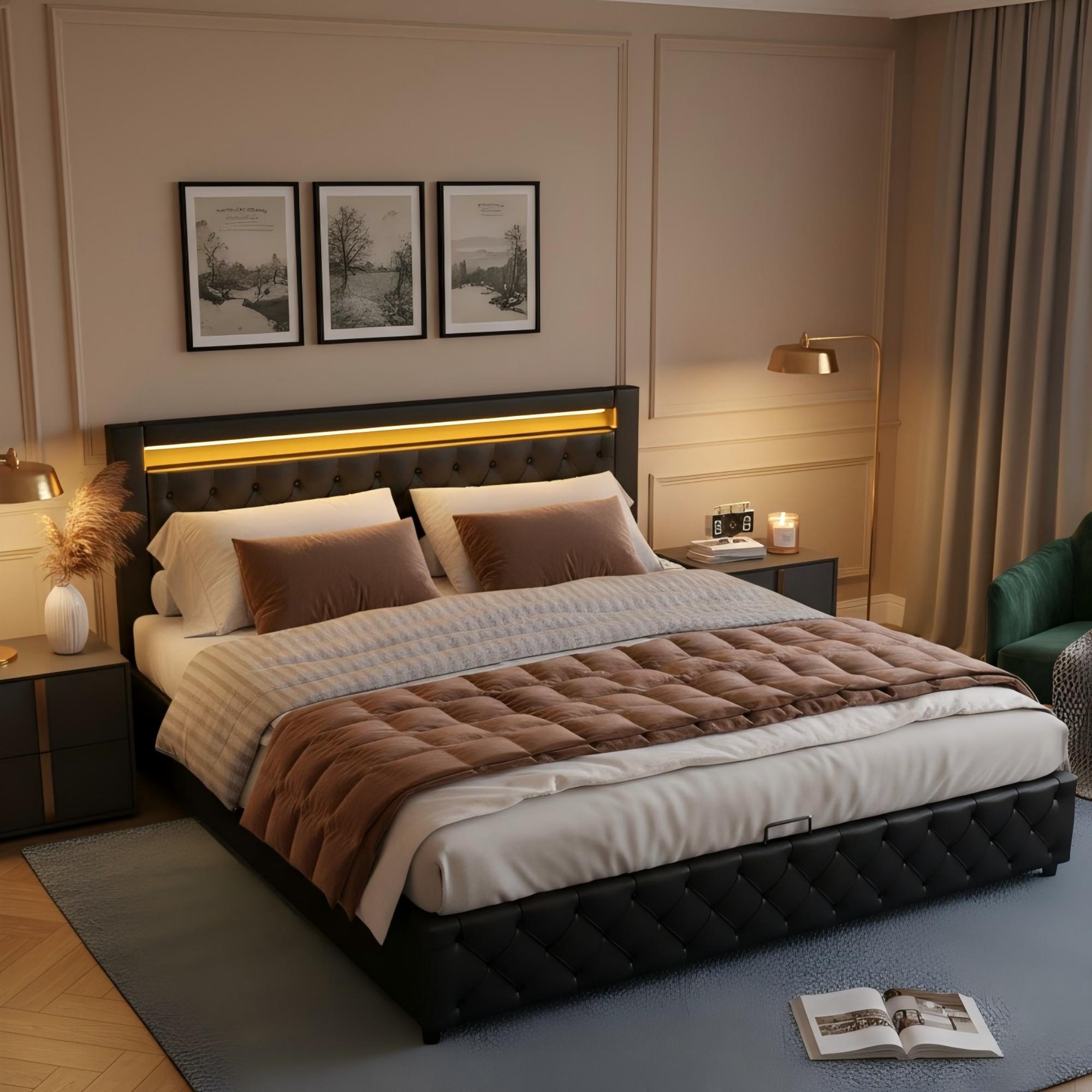 Upholstered Bed, Measuring 140 X 190 Cm, Fully Functional With A Slatted Base And Storage Space, Hydraulic Storage, LED Lighting, Black, PU Material.