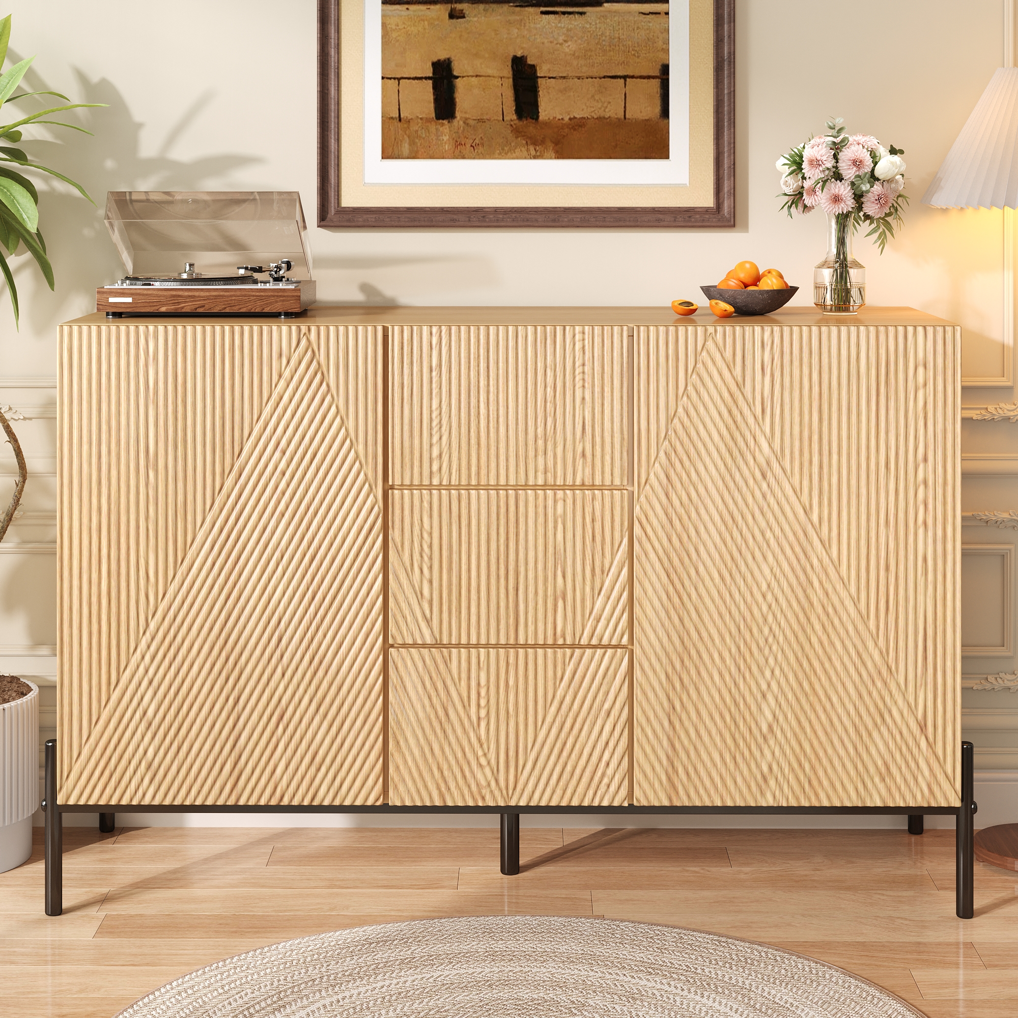 Modern Sideboard With Geometric Structure, Double Doors, Medium Drawer, Ample Storage Space, Multifunctional Storage Cabinet For Living Dining Room