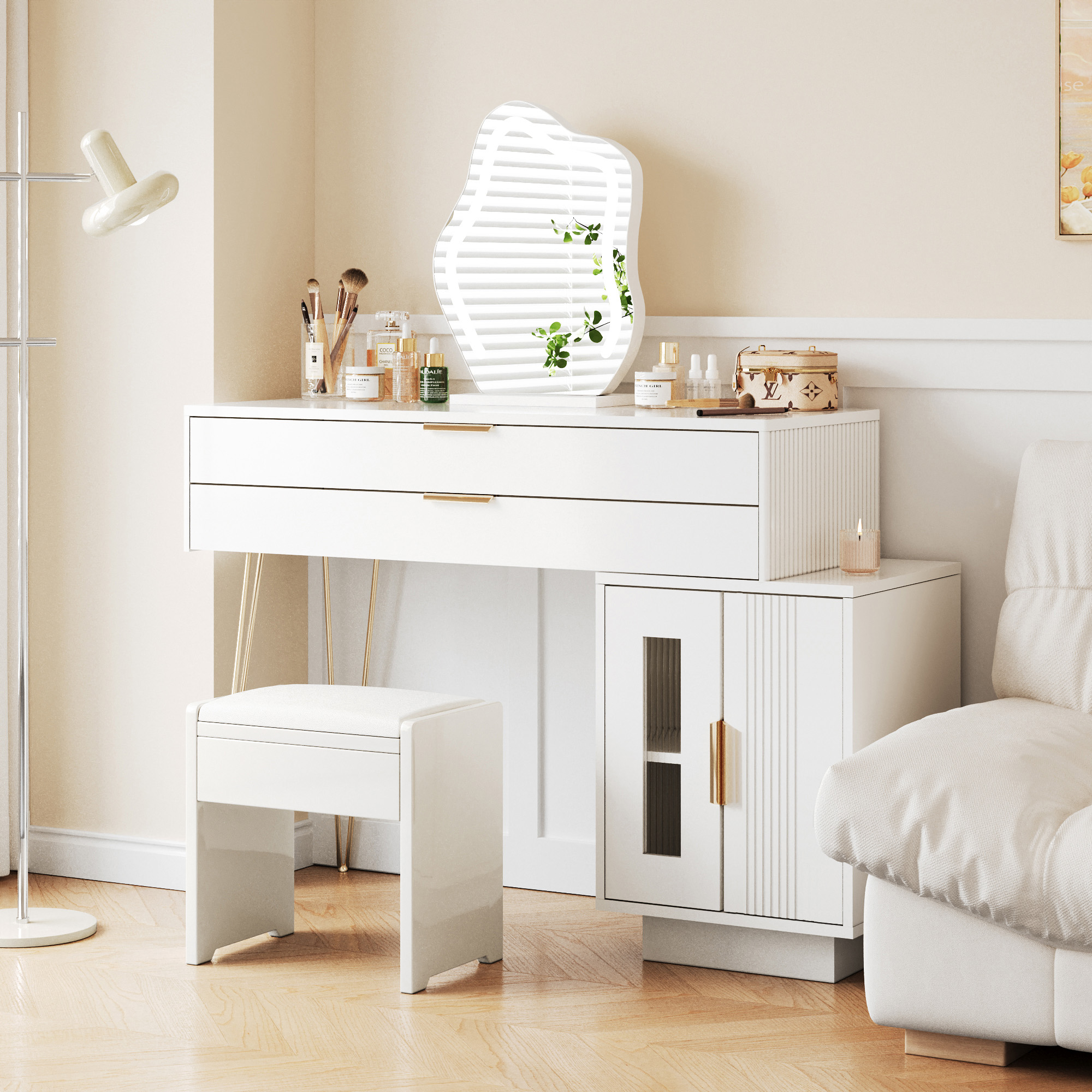 Makeup Table With LED Illuminated Mirror, White Makeup Table Set With Extendable Design, Modern Cosmetics Table For The Bedroom Dimensions B100-H78-T4