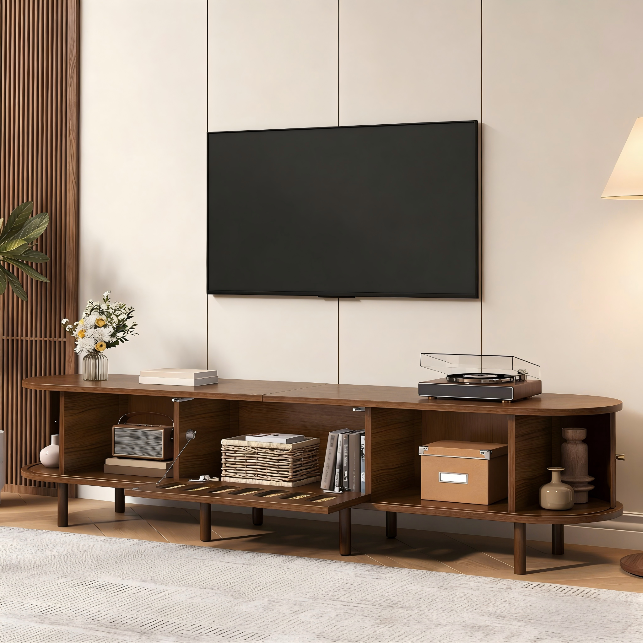 180x40x40cm Oval TV Stand In Dark Walnut, Rattan Design - MDF Design, 30kg Load Capacity, One Roller Shutter Door Design.TV Cabinet,Lowboards,Living Room Cabinet,Includes A Cabinet With Hinged Door