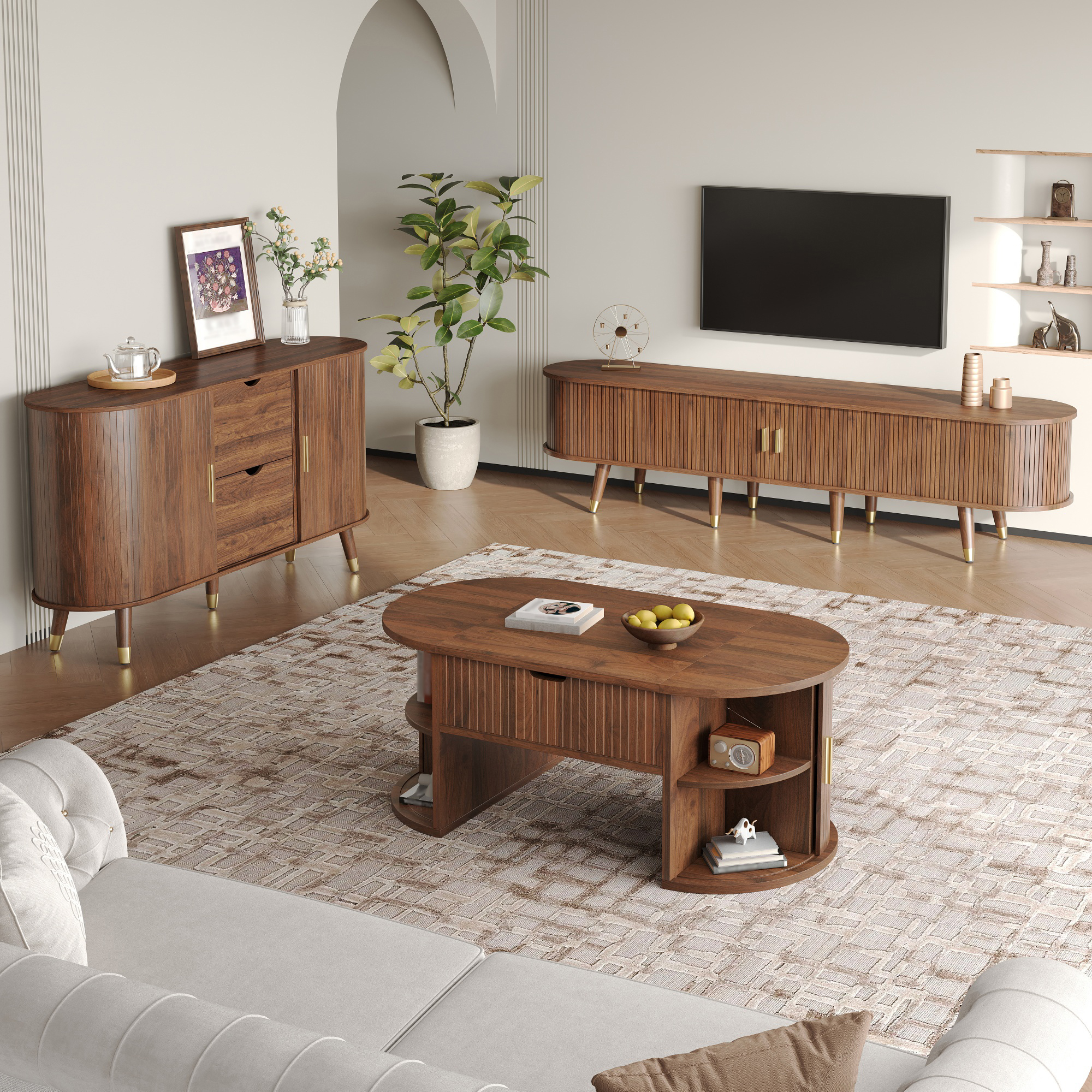 3-piece Living Room Set, Coffee Table With Lifting Plate, TV Cabinet, Sideboard, Sliding Doors, Vertical Fluting, Wooden Feet, Golden Handles, Storage Space
