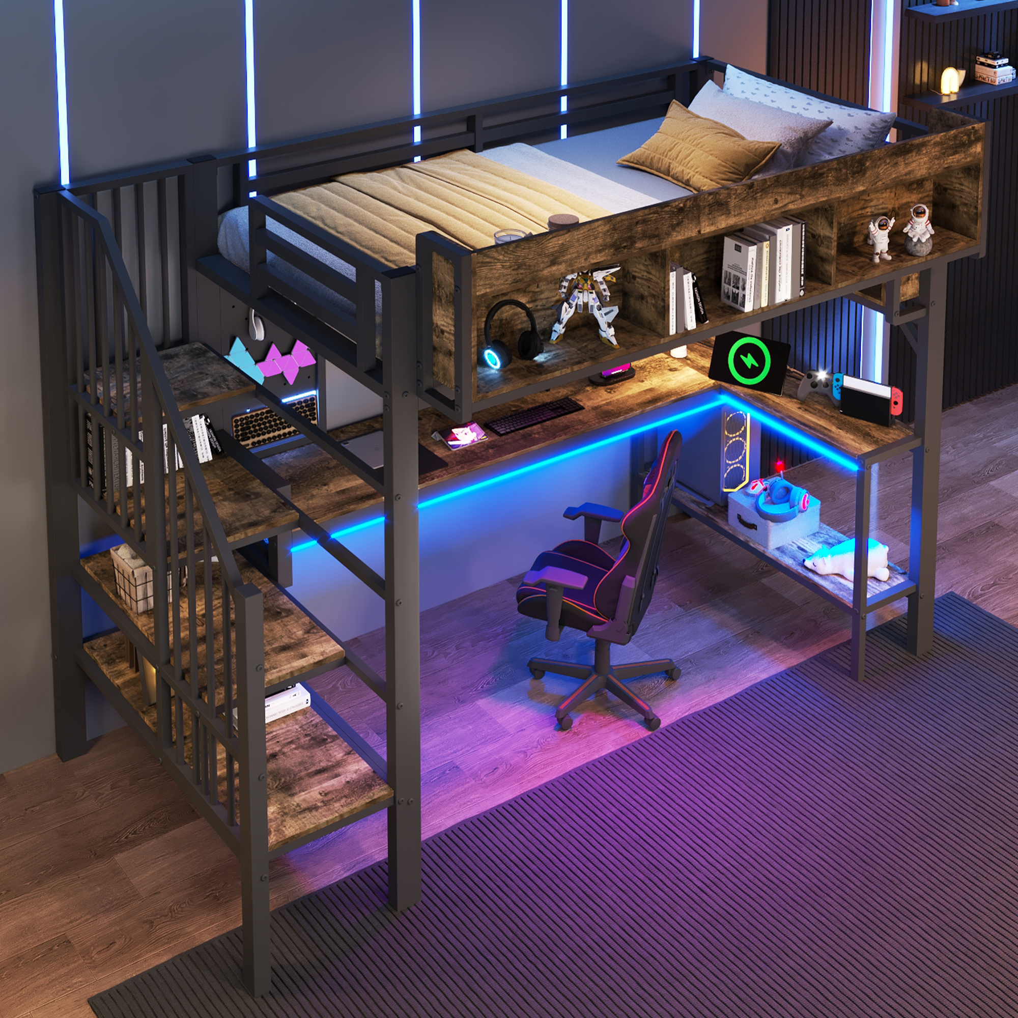 Loft Bed 90x200 Cm Vintage Brown-black With Corner Desk, Storage Space & Perforated Plate, Socket USB Type-C & LED, Cot EN747  Without Mattress