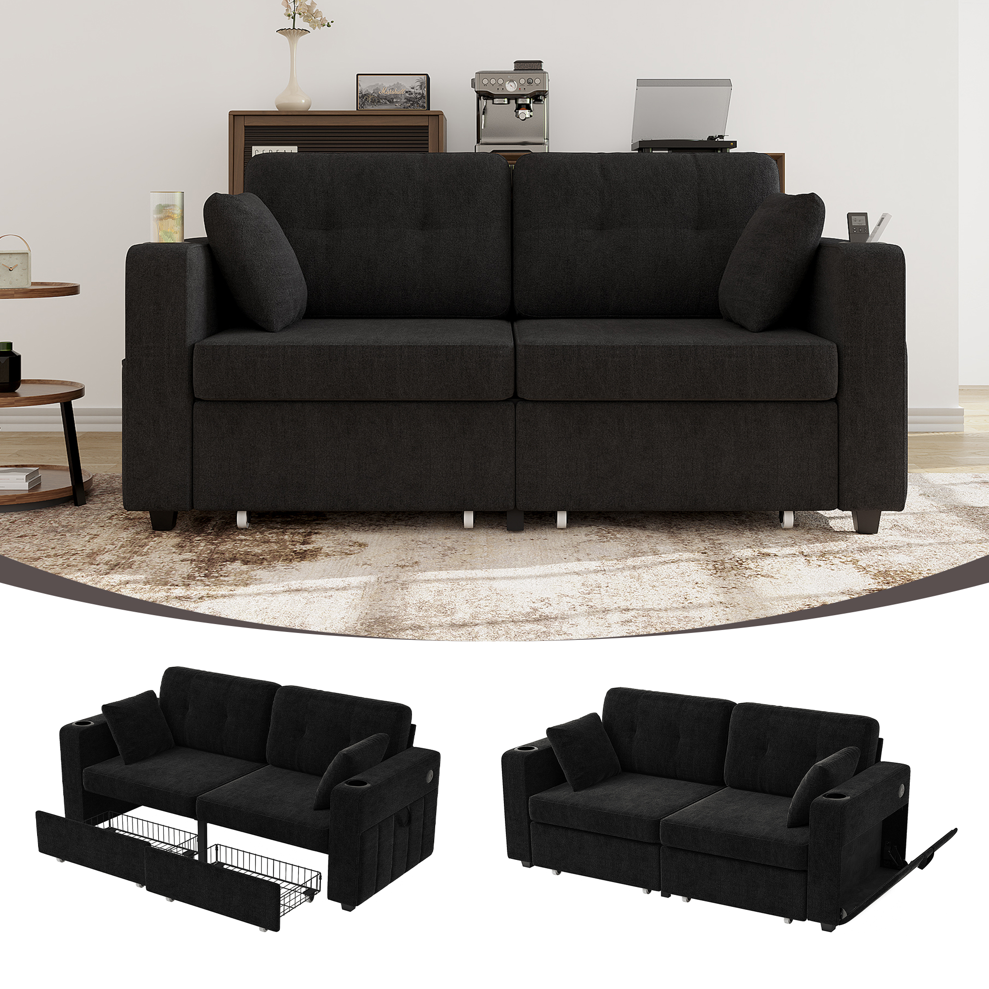 Two-seater Sofa With Two Storage Drawers And USB Charging Ports, With Cup Holders And Side Pockets, Equipped With Hidden Storage Compartments. Suitable For Living Rooms, Apartments And Reading Corners