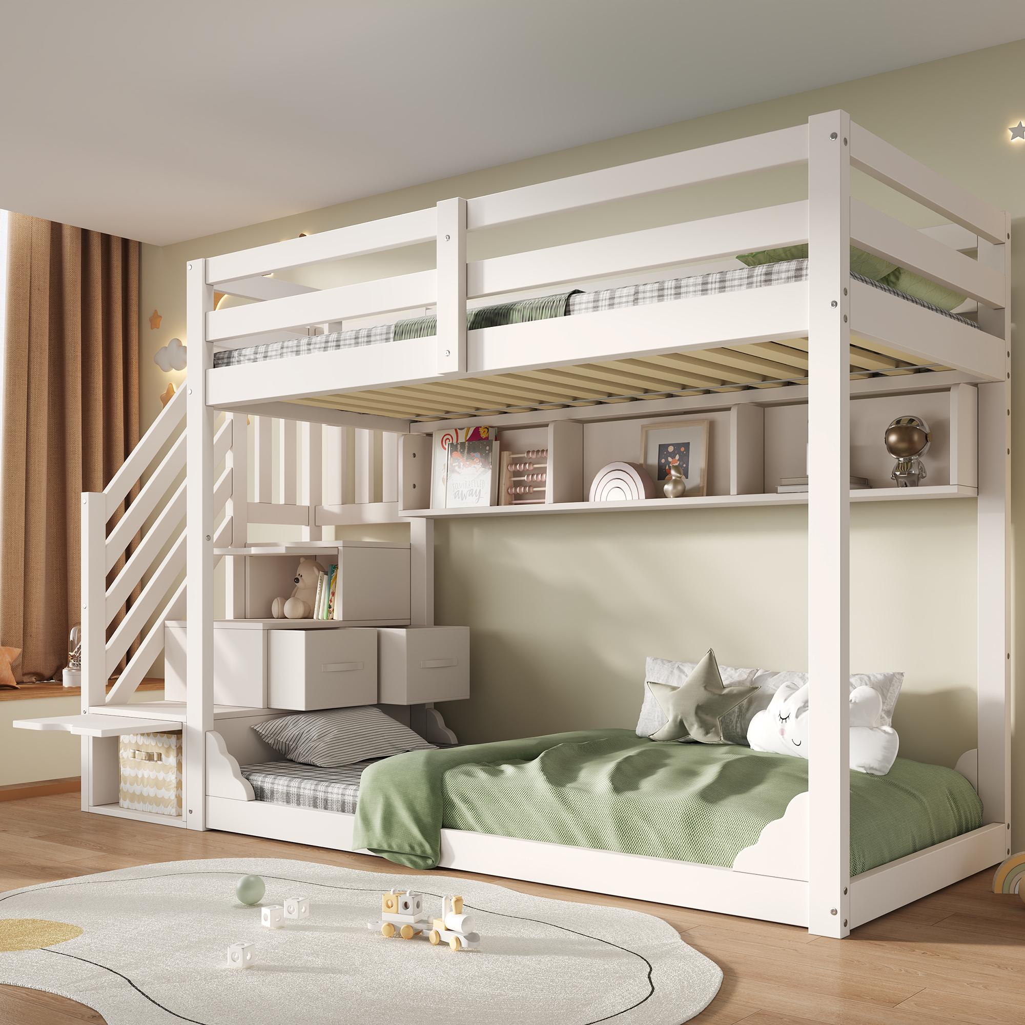 Bunk Bed For Children 90x200 Cm White With Stair Cupboard And Storage Space, Space-saving Wooden Cot For Siblings With Safety Railing And Storage Compartments, Without Mattress