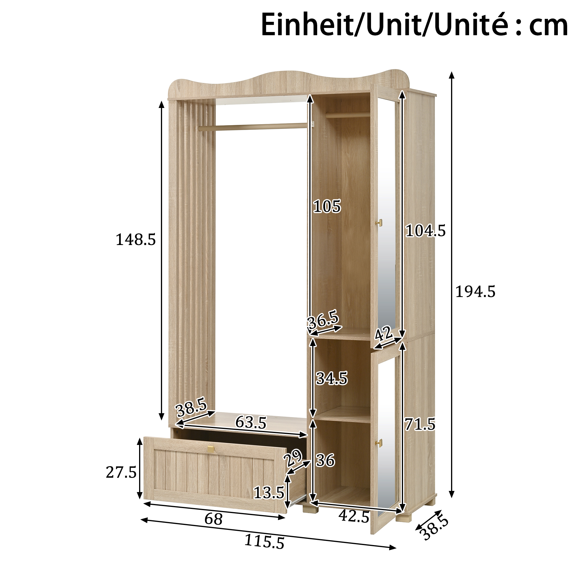 Wardrobe Cabinet With Mirror & Open Clothes Rack Compact Wardrobe, Practical Storage With Drawer & 2 Doors, Ideal For Bedroom & Hallway