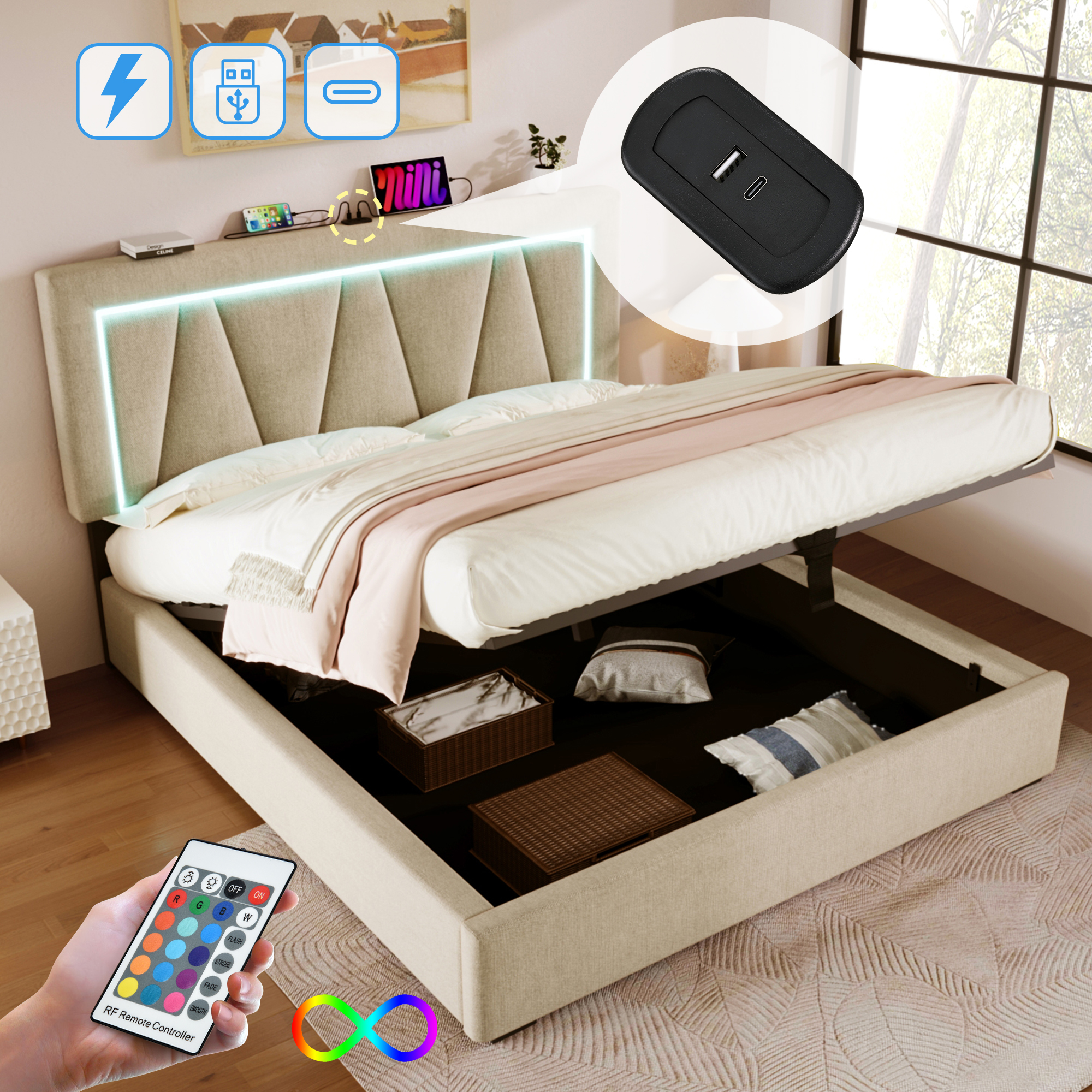 Polsterbett LED Doppelbett Mit USB Typ C Ladefunktion Und LED-Beleuchtung,Stauraumbetten Bettgestell Aus Leinenmaterial Jugendbett 160x200 Mit Lattenr
