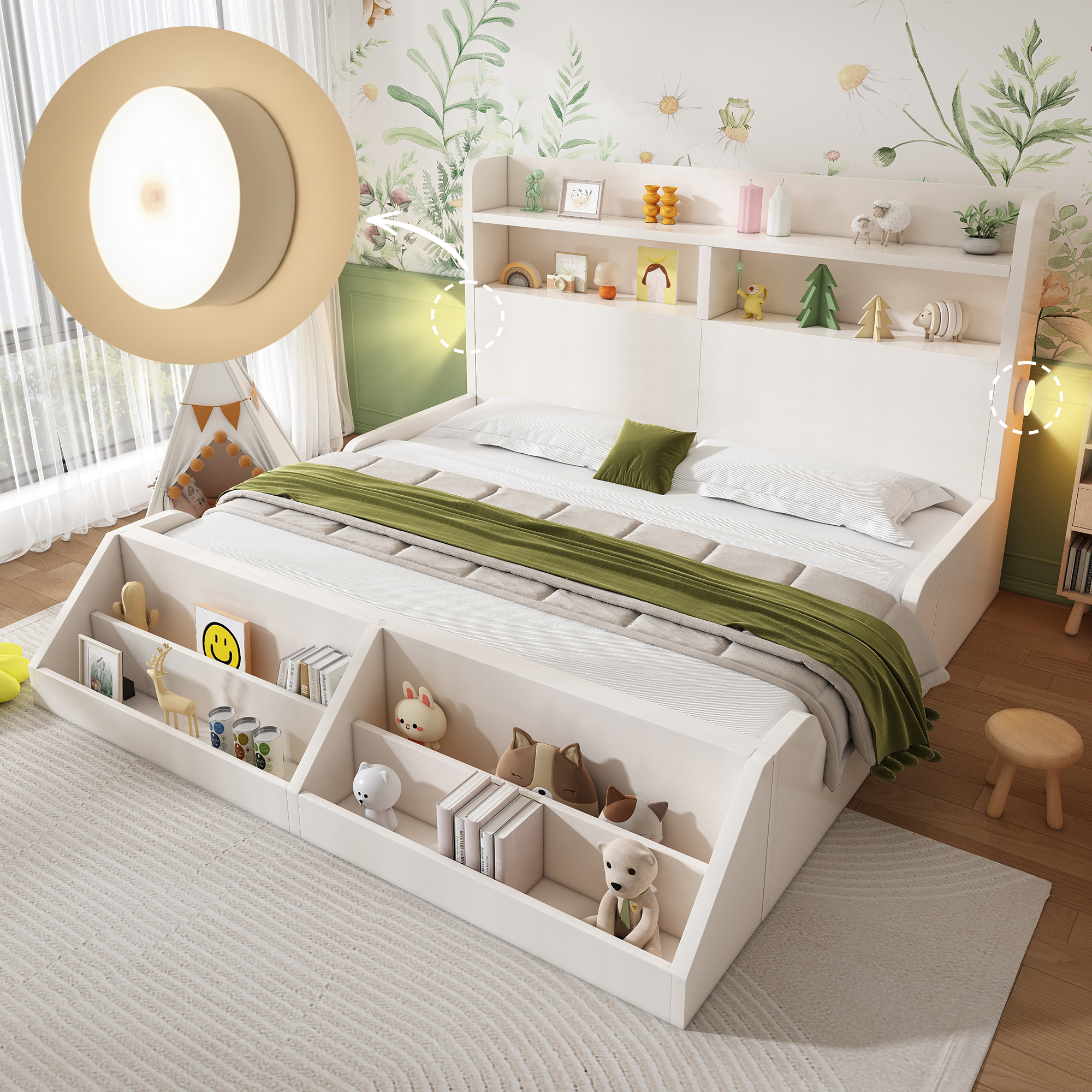 Lit en bois lit double 140x200 cm lit enfant avec étagères, veilleuses