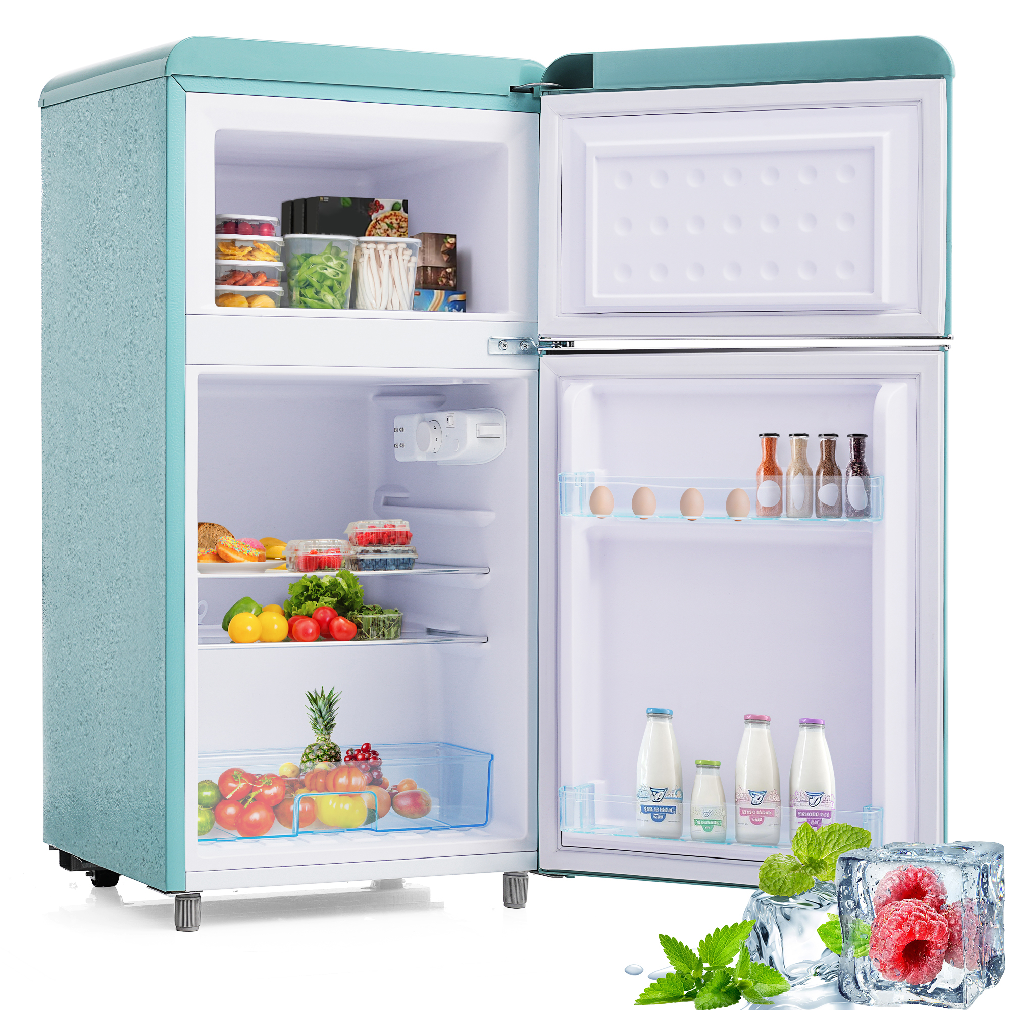 Retro Refrigerator, Top And Bottom Double Door Refrigerator, 72 Liters Total Volume, With 21 Liter Freezer Volume, 120 KWh Year, LED Light. Available 