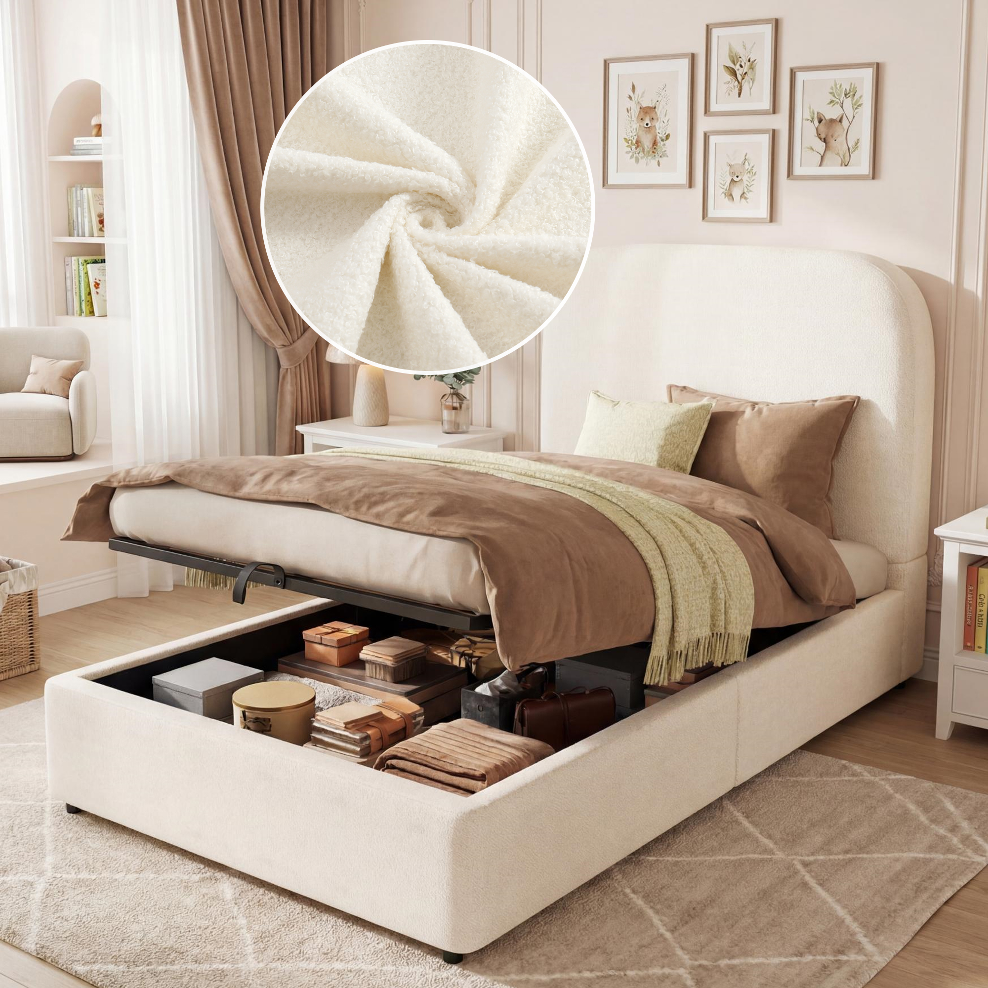 Upholstered Bed, Single Bed, Cot 90 X 200cm, Hydraulic Functional Bed, Bed With Slatted Base, Headboard And Large Storage Space, Upholstered Headboard, Beige Boucle