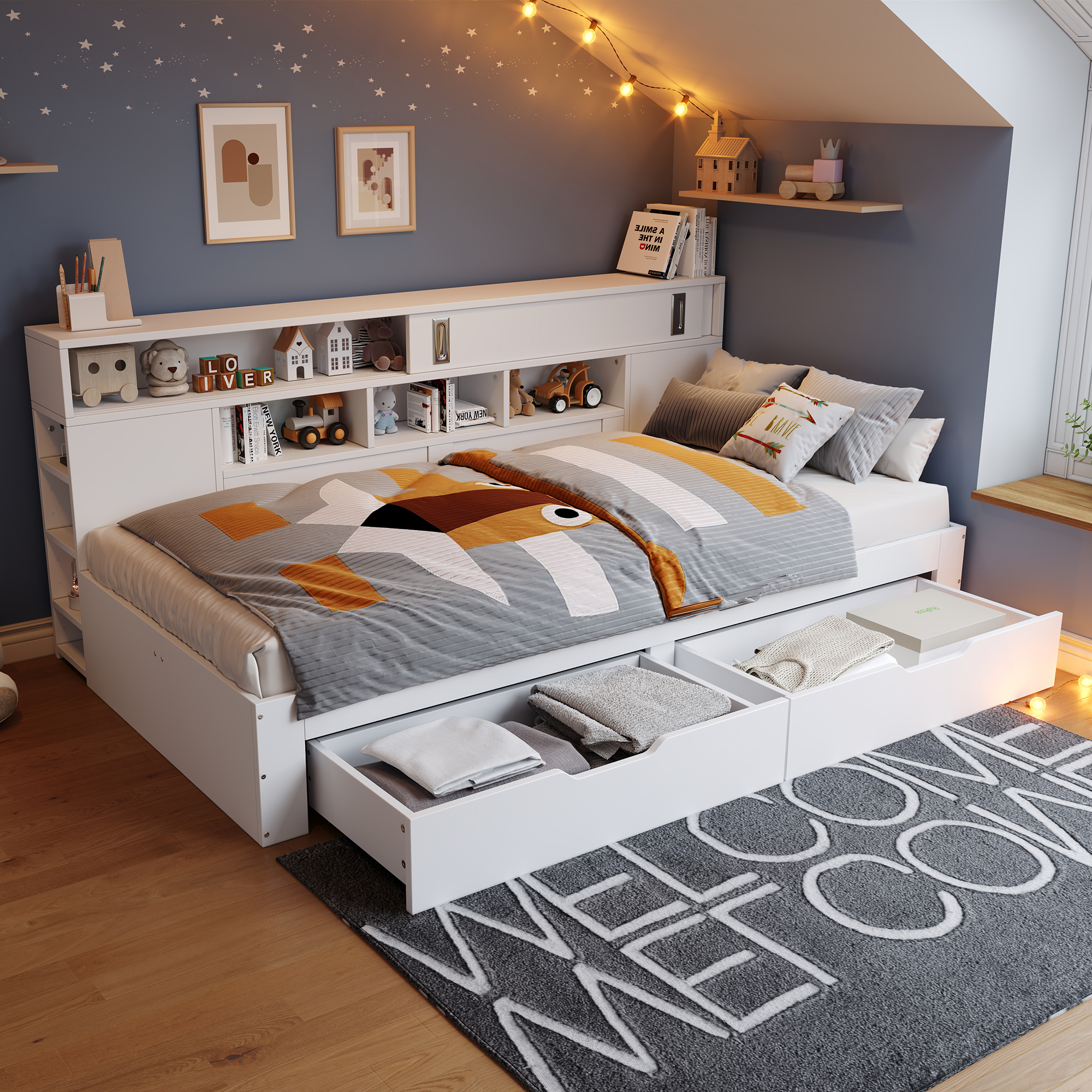 Children's Daybed, 140 X 190 Cm, Single Bed, Multifunctional Children's Bed With Drawers, Shelf And Storage Cabinet, Bed Box With Storage Space, Without Mattress, White
