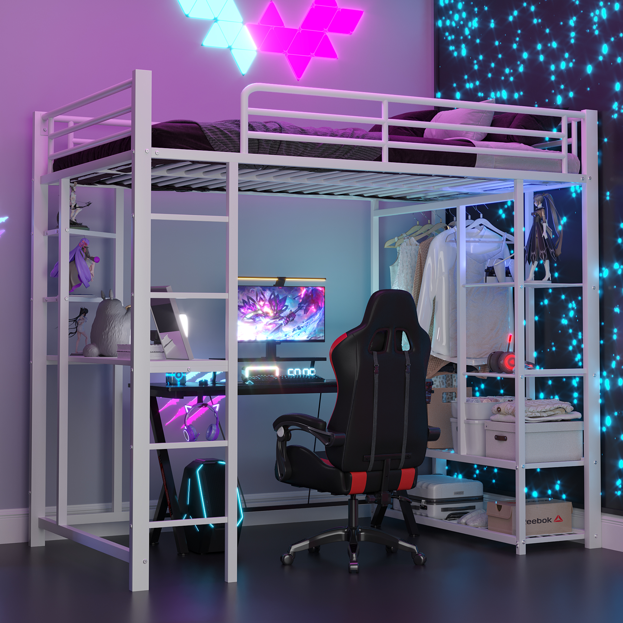 Loft Bed With Ladder 90x200cm , Single Bed Cot With Table With Easy Suspension With Storage Compartments, White