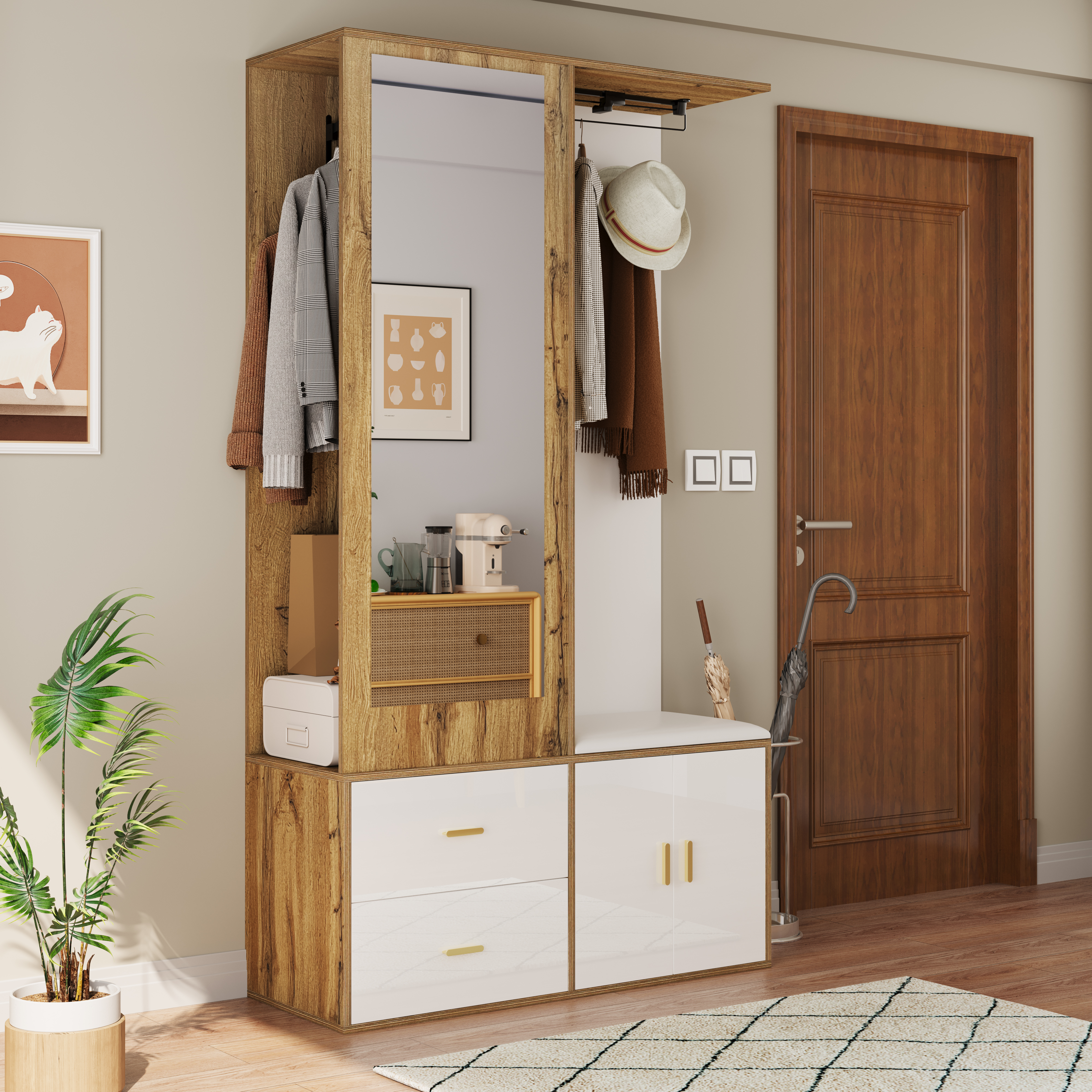 Elegant Coat Set In White And Wood Colours With Mirror, Shoe Cabinet, Shoe Bench With Hook And Pull-out Clothes Rail