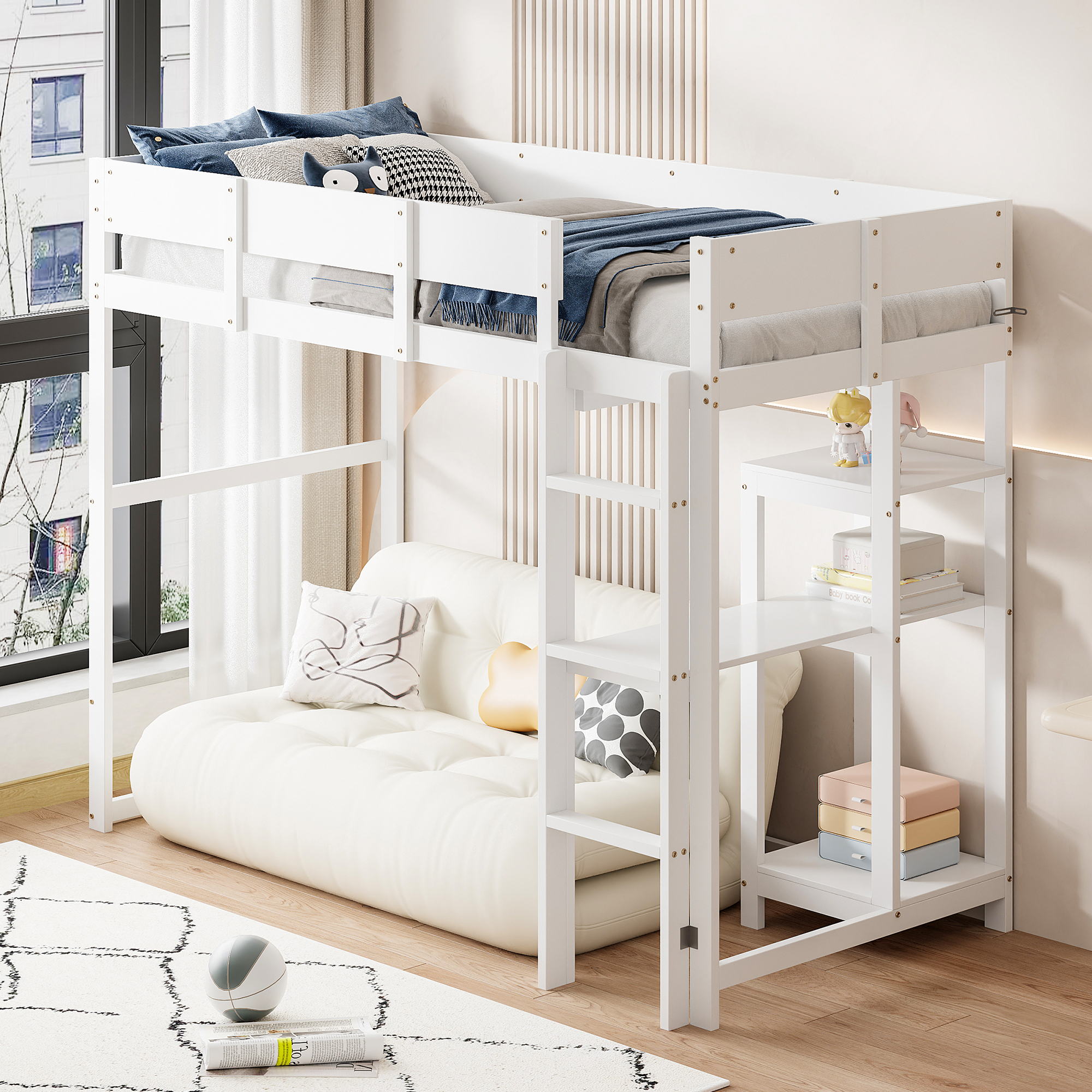 Loft Bed With Shelf 90 X 200 Cm, Bed Frame Made Of Solid Pine Wood With Slatted Base, Bed For Children And Teenagers White