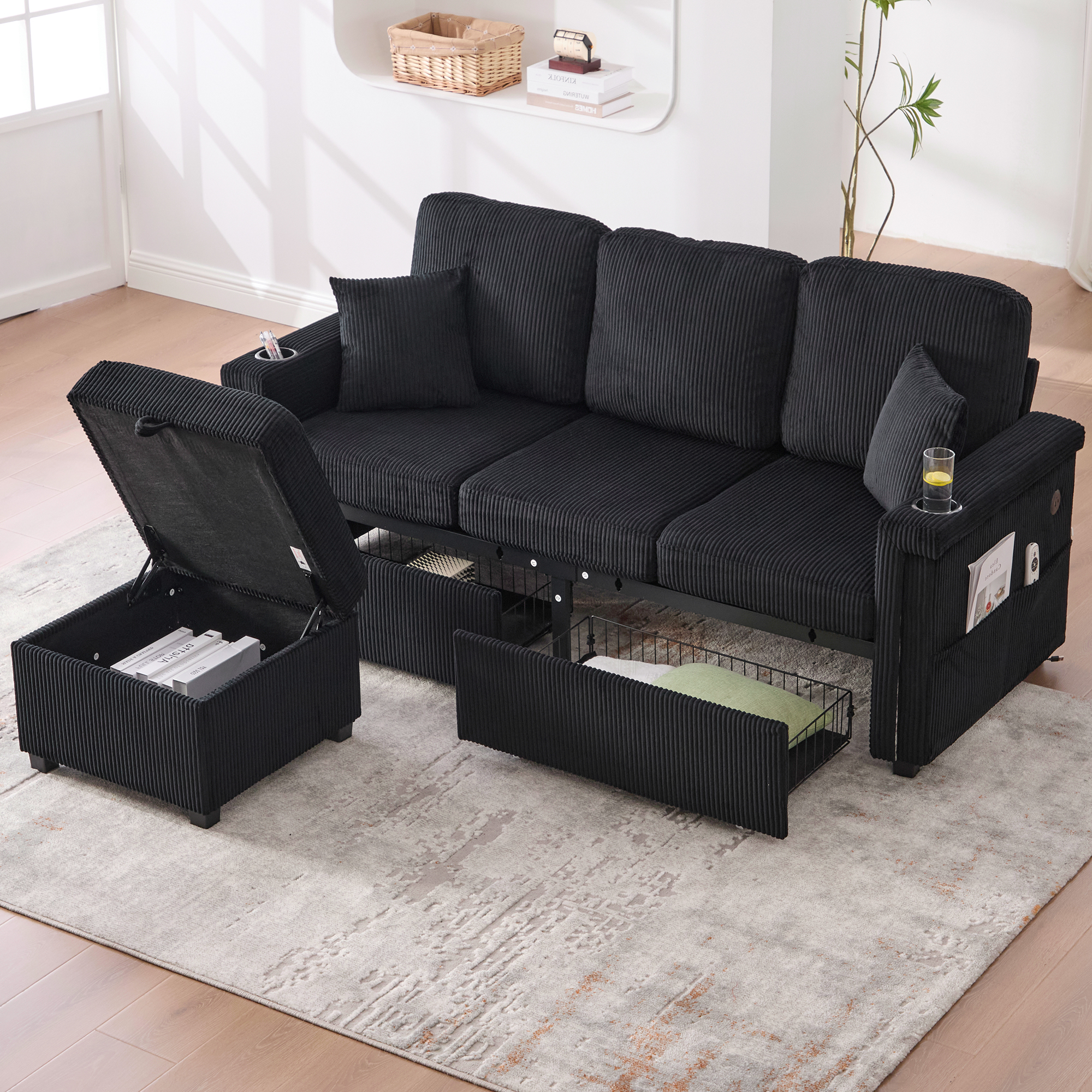 High-quality Velvet Sofa With LED Lighting & USB-C Port, Including Storage Footboard, Practical Cup Holders And Side Pockets  Premium Quality For The Living Room, Bedroom Or Office.