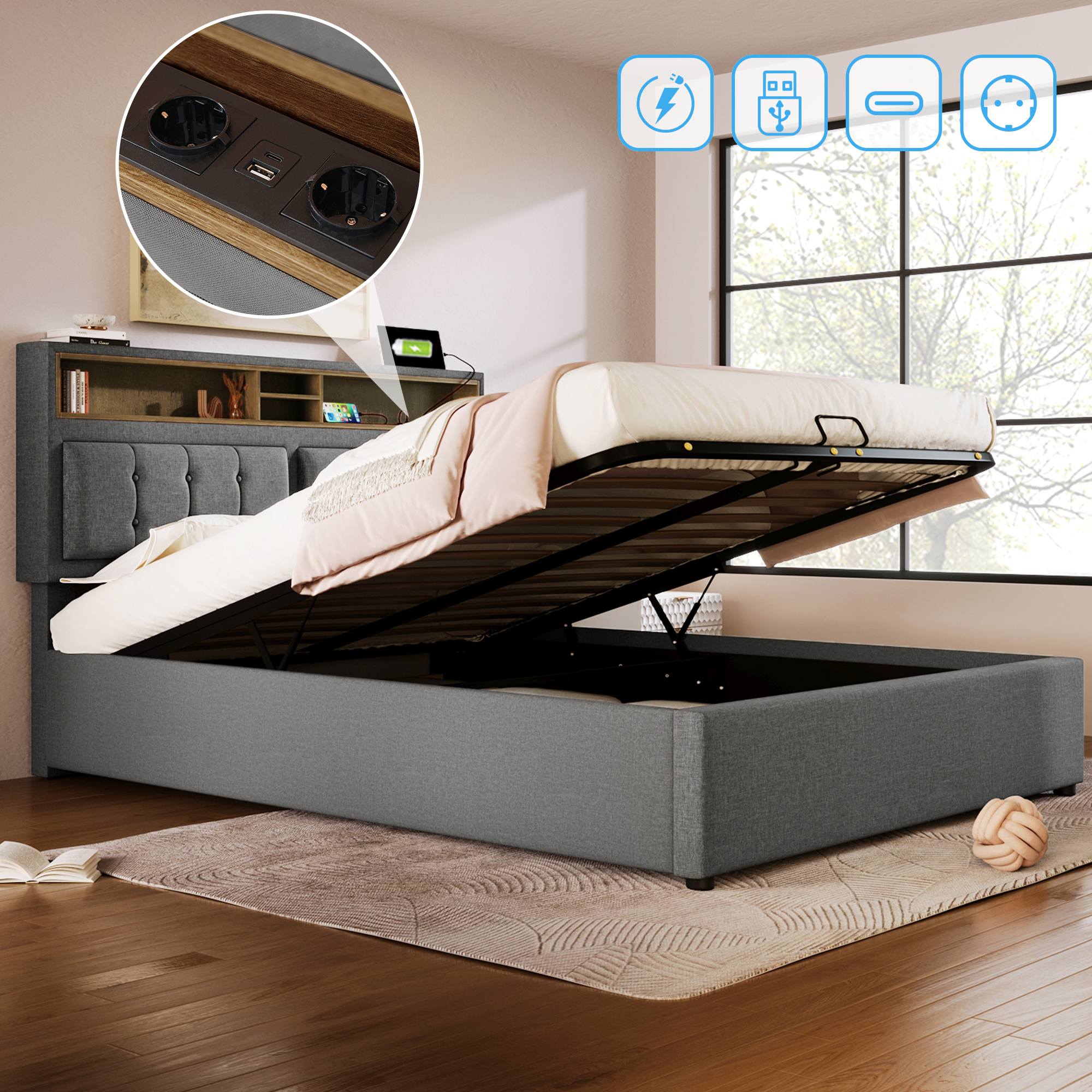 Sofa Bed With USB C Charging Socket, Storage Bed Frame Made Of Linen Material, Youth Bed 160X200 Without Mattress.